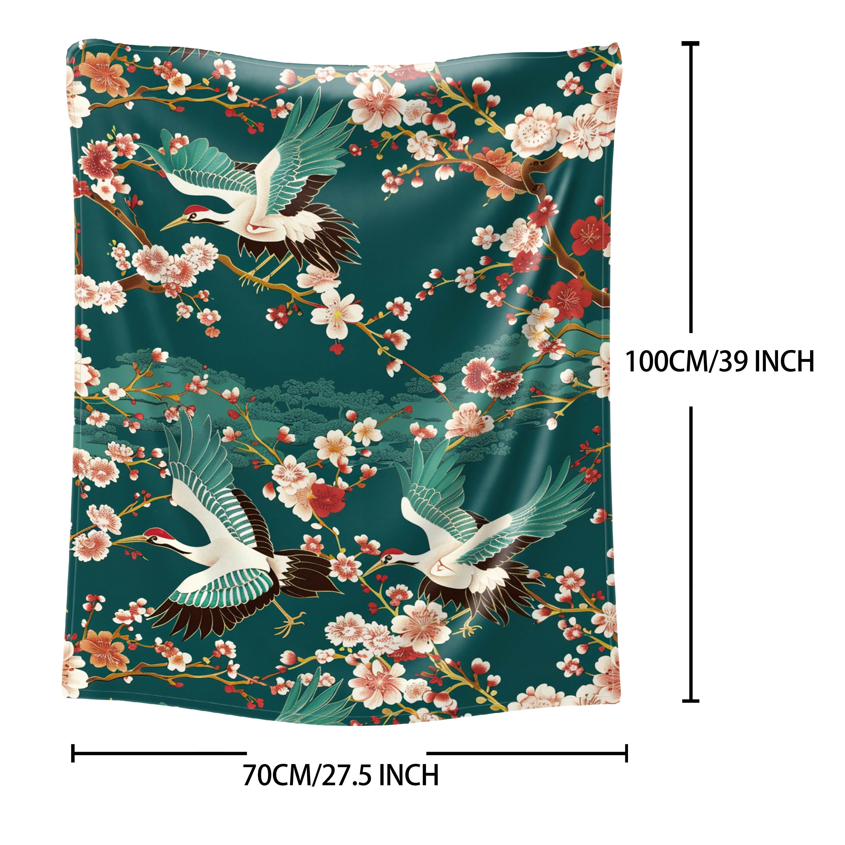 Floral and Crane Pattern Flannel Throw Blanket for Bed Sofa Travel 100% Polyester