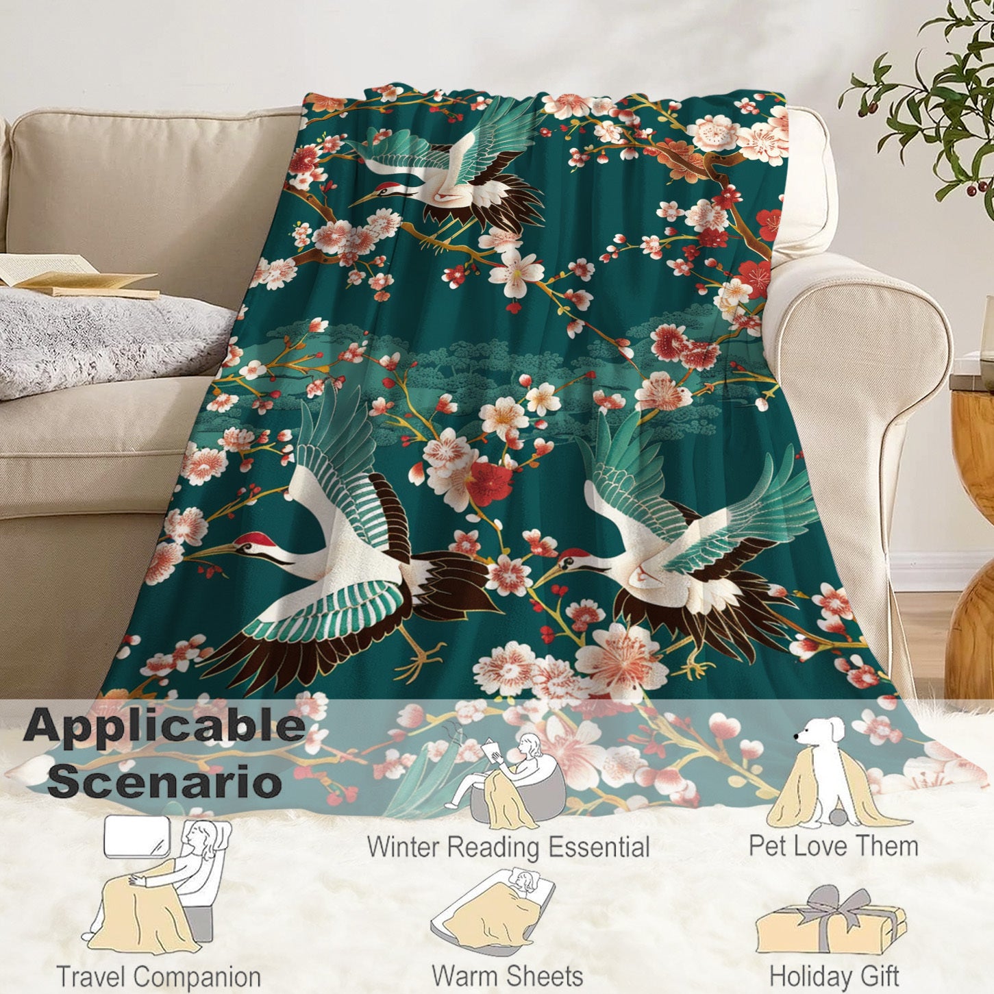 Floral and Crane Pattern Flannel Throw Blanket for Bed Sofa Travel 100% Polyester