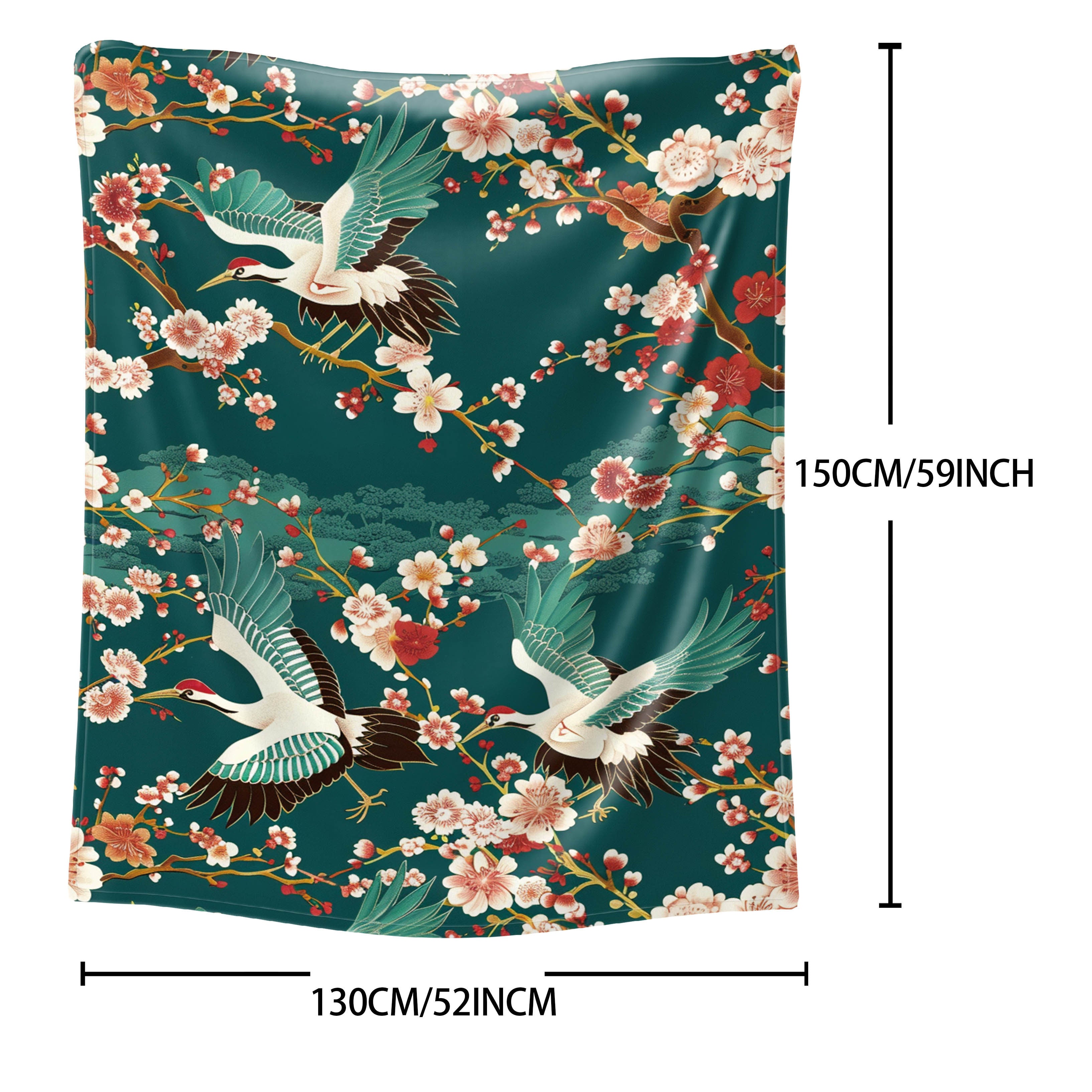 Floral and Crane Pattern Flannel Throw Blanket for Bed Sofa Travel 100% Polyester
