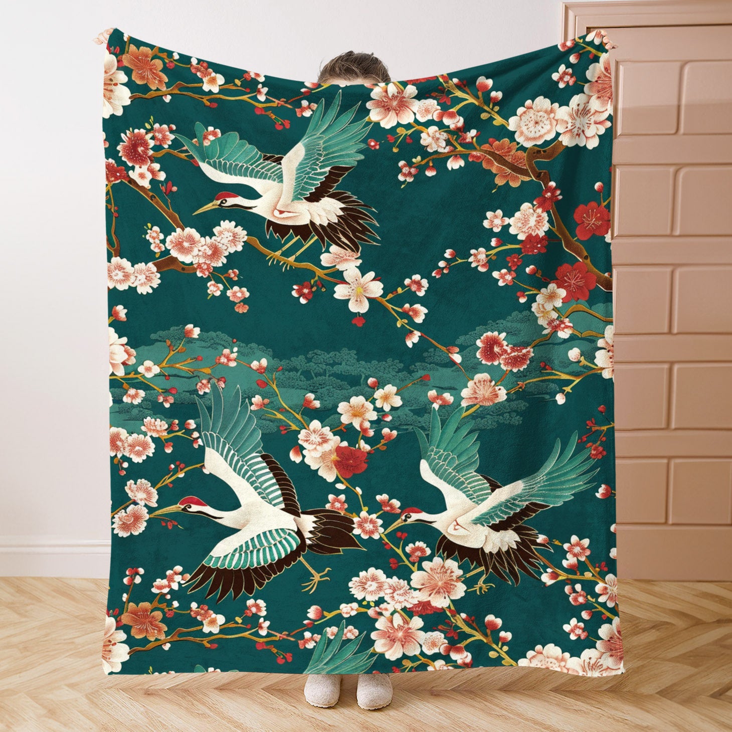Floral and Crane Pattern Flannel Throw Blanket for Bed Sofa Travel 100% Polyester