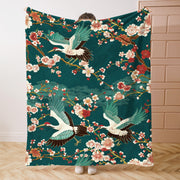 Floral and Crane Pattern Flannel Throw Blanket for Bed Sofa Travel 100% Polyester