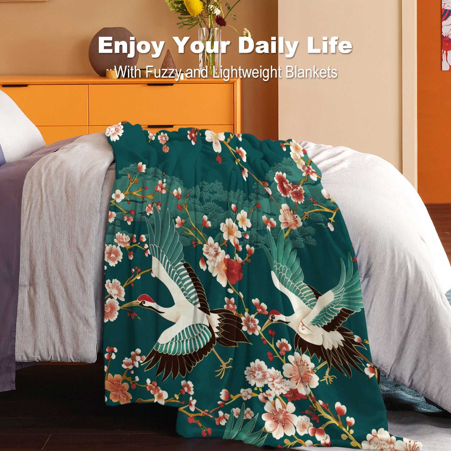 Floral and Crane Pattern Flannel Throw Blanket for Bed Sofa Travel 100% Polyester