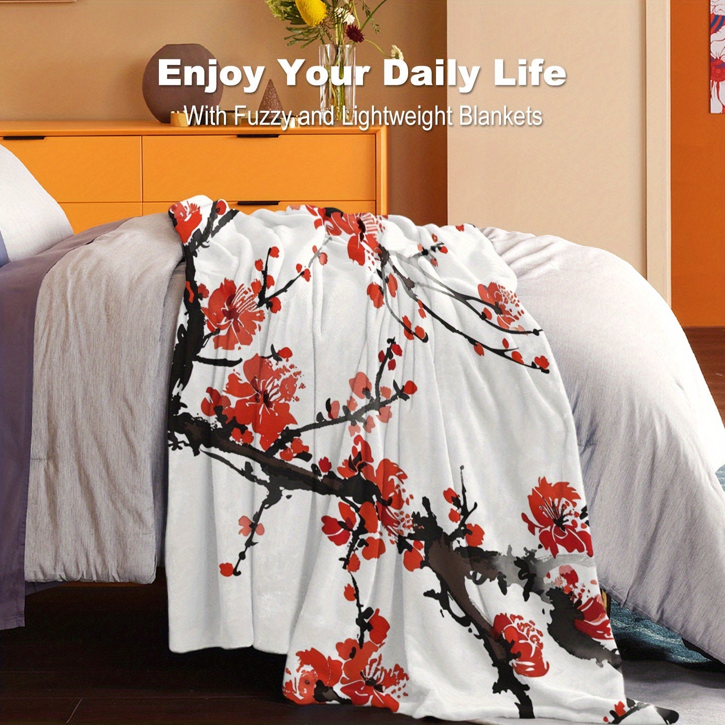 Plush Plum Blossom Patterned Flannel Blanket for Bed Couch Outdoors Lightweight All-Season