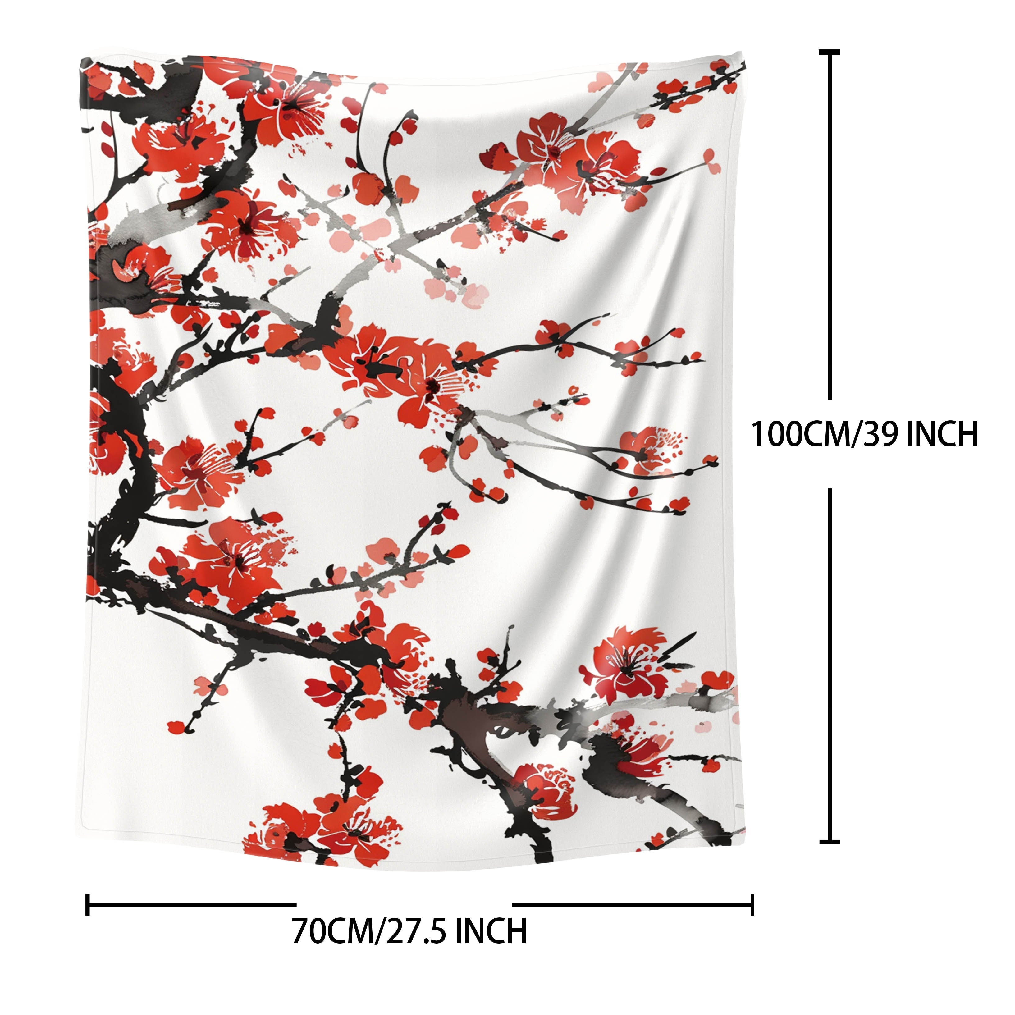 Plush Plum Blossom Patterned Flannel Blanket for Bed Couch Outdoors Lightweight All-Season
