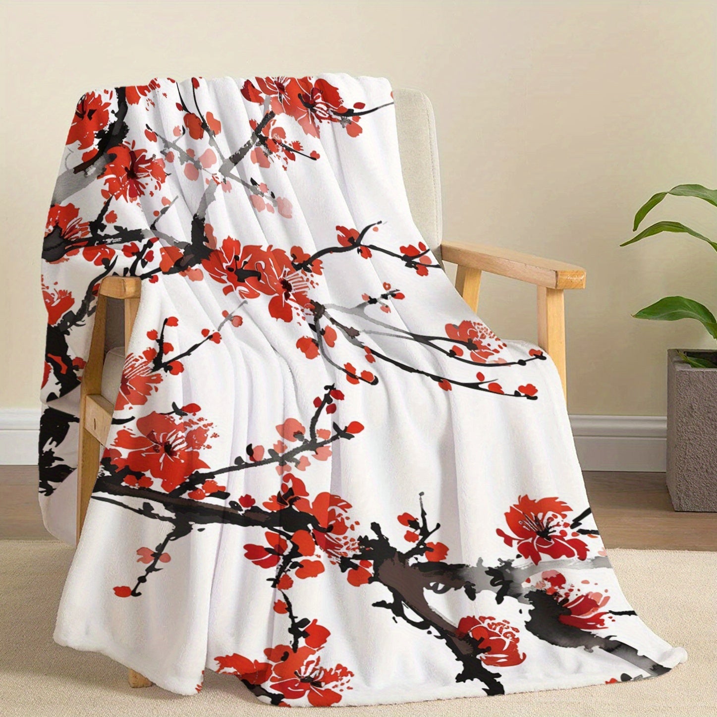 Plush Plum Blossom Patterned Flannel Blanket for Bed Couch Outdoors Lightweight All-Season