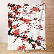 Plush Plum Blossom Patterned Flannel Blanket for Bed Couch Outdoors Lightweight All-Season