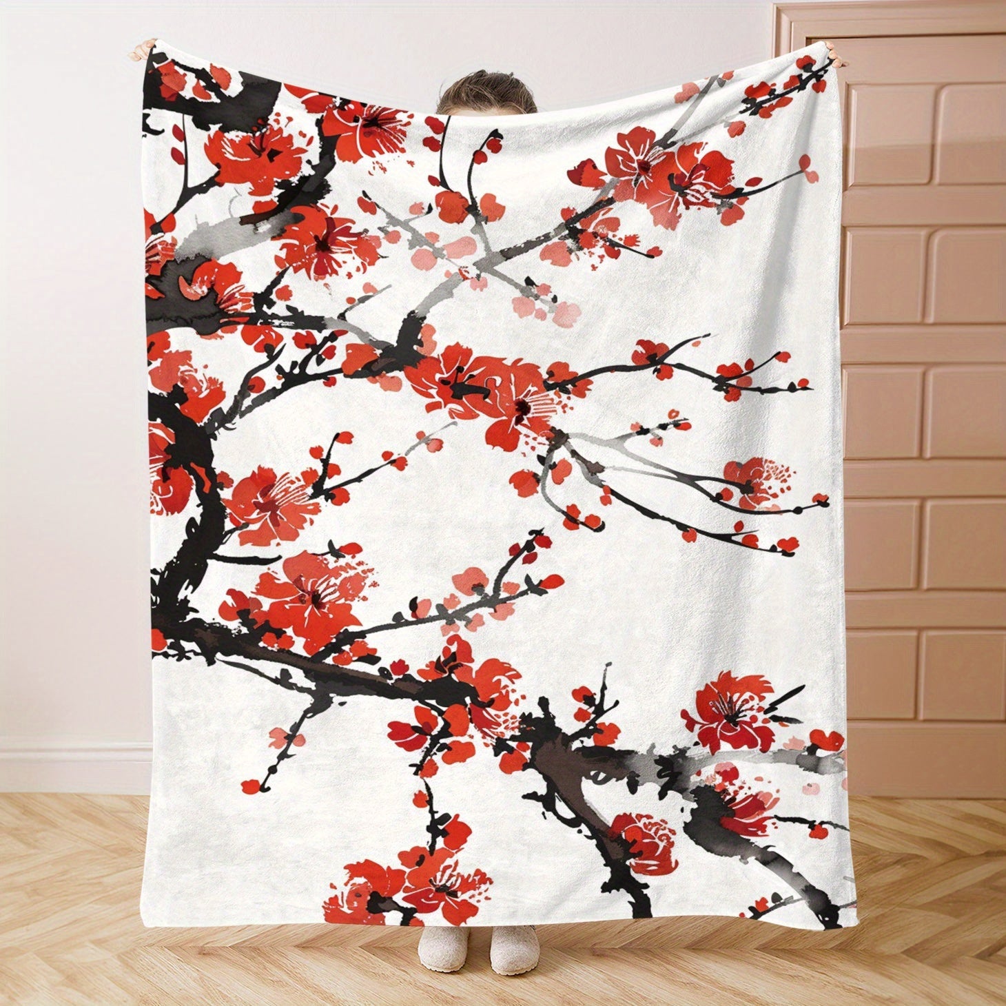 Plush Plum Blossom Patterned Flannel Blanket for Bed Couch Outdoors Lightweight All-Season