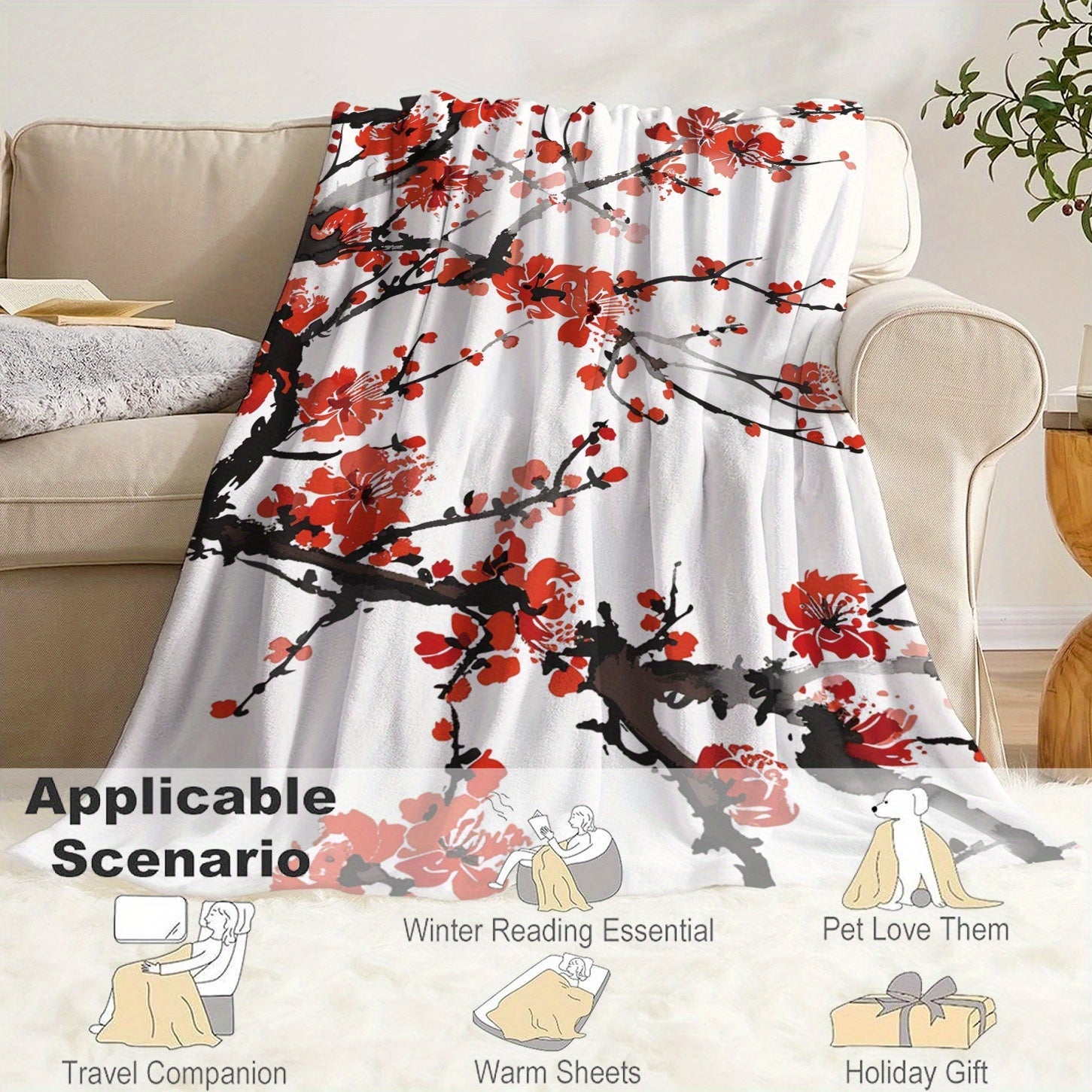 Plush Plum Blossom Patterned Flannel Blanket for Bed Couch Outdoors Lightweight All-Season