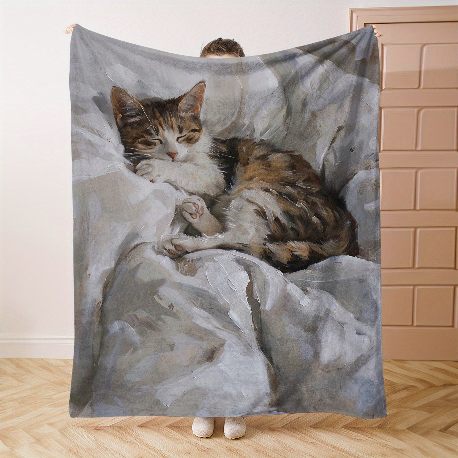 Contemporary Cat Print Flannel Blanket for Bed Sofa Travel Lightweight Polyester