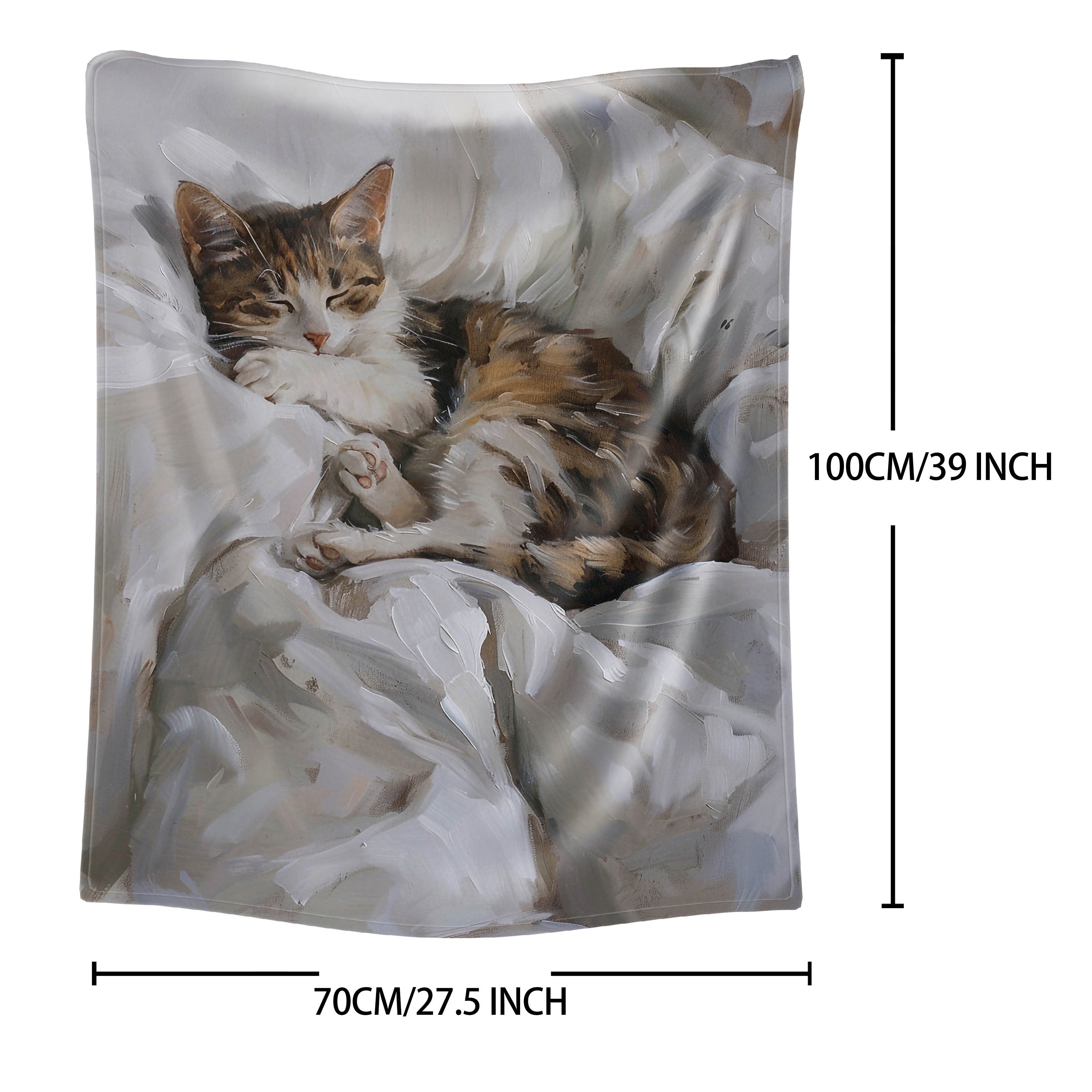 Contemporary Cat Print Flannel Blanket for Bed Sofa Travel Lightweight Polyester