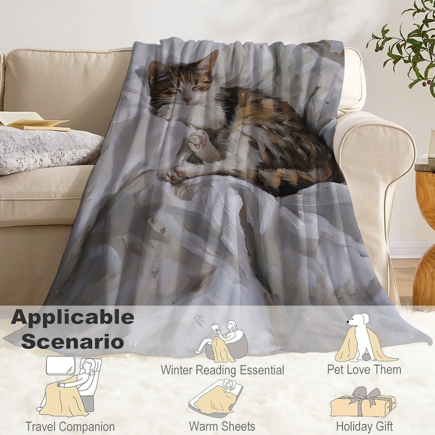 Contemporary Cat Print Flannel Blanket for Bed Sofa Travel Lightweight Polyester