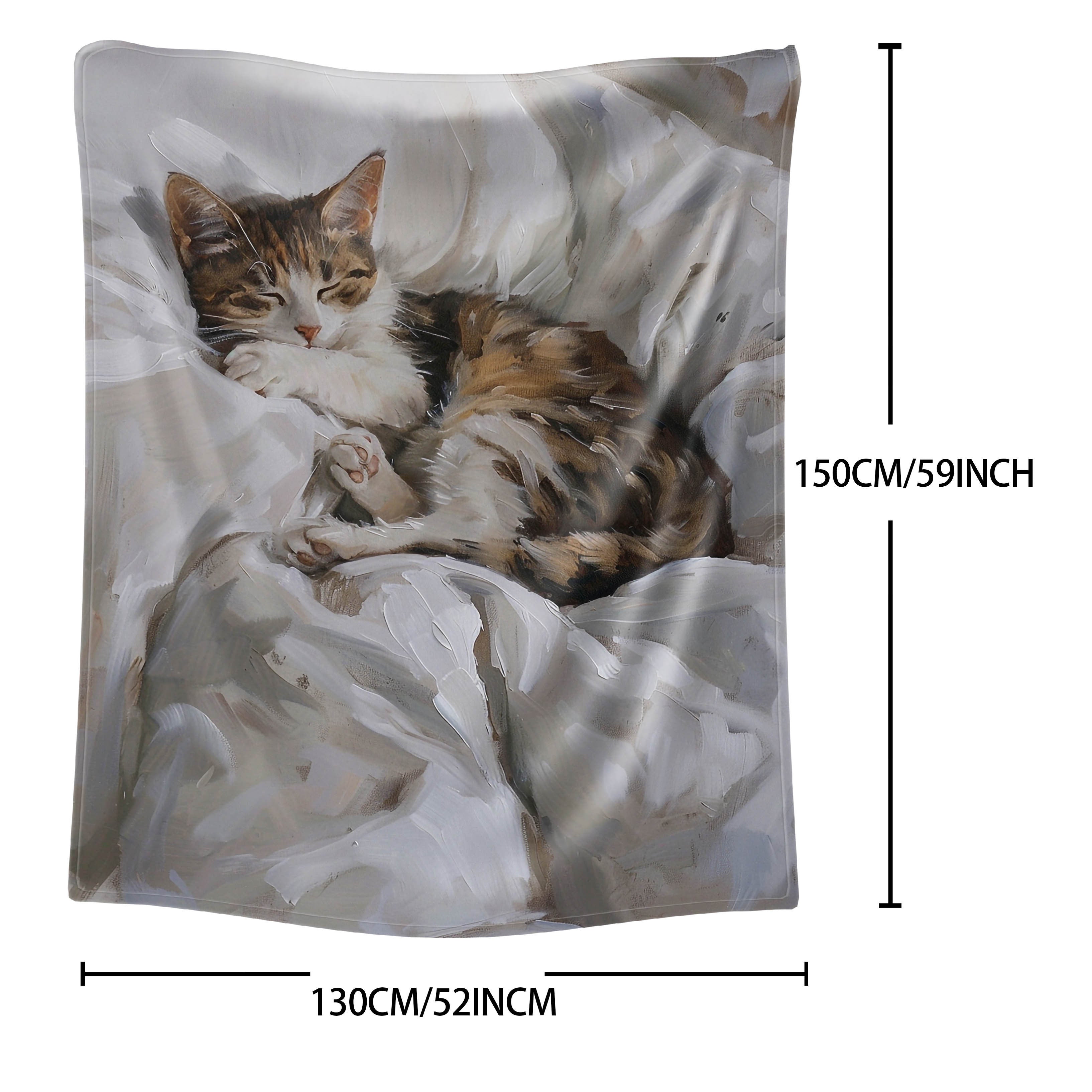 Contemporary Cat Print Flannel Blanket for Bed Sofa Travel Lightweight Polyester