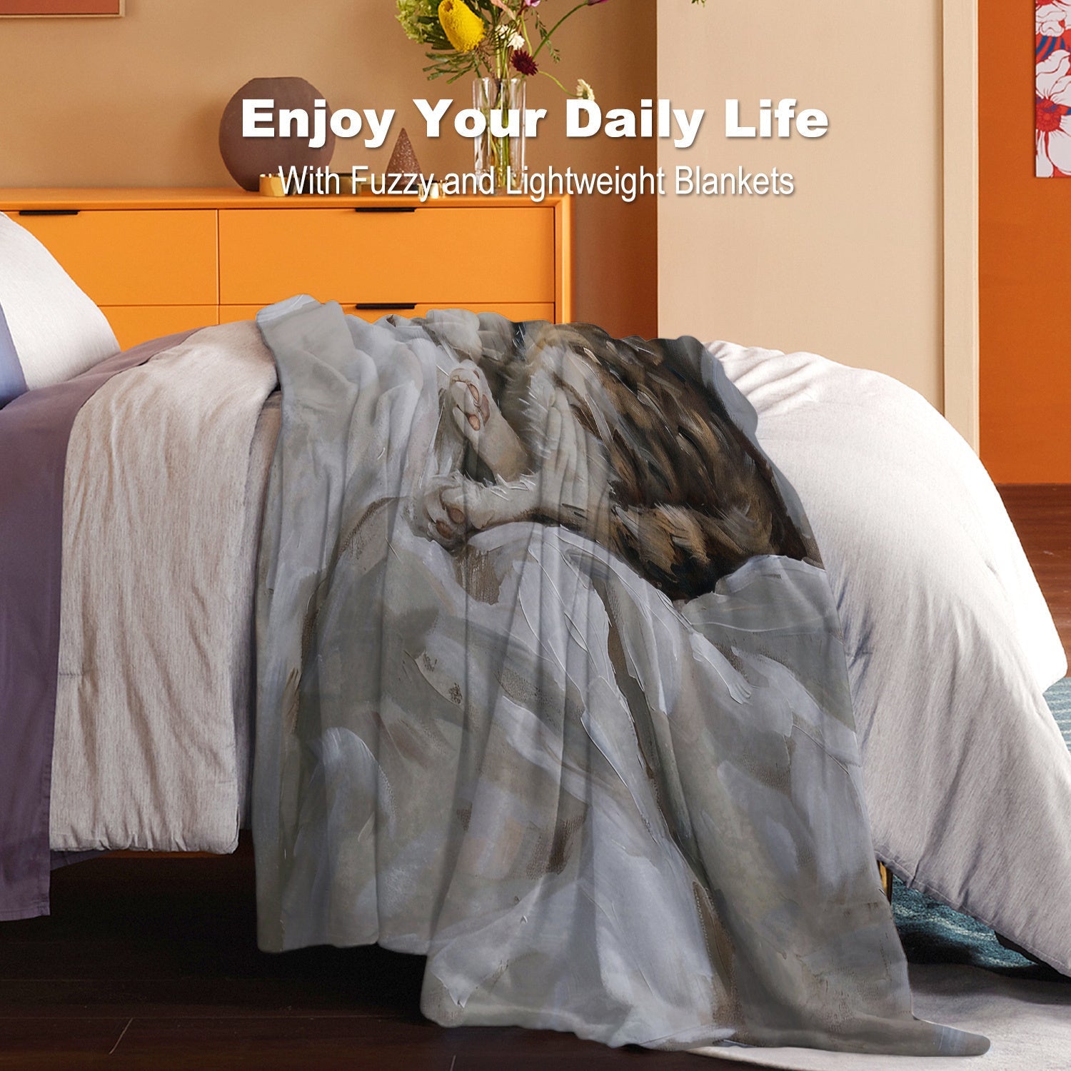 Contemporary Cat Print Flannel Blanket for Bed Sofa Travel Lightweight Polyester