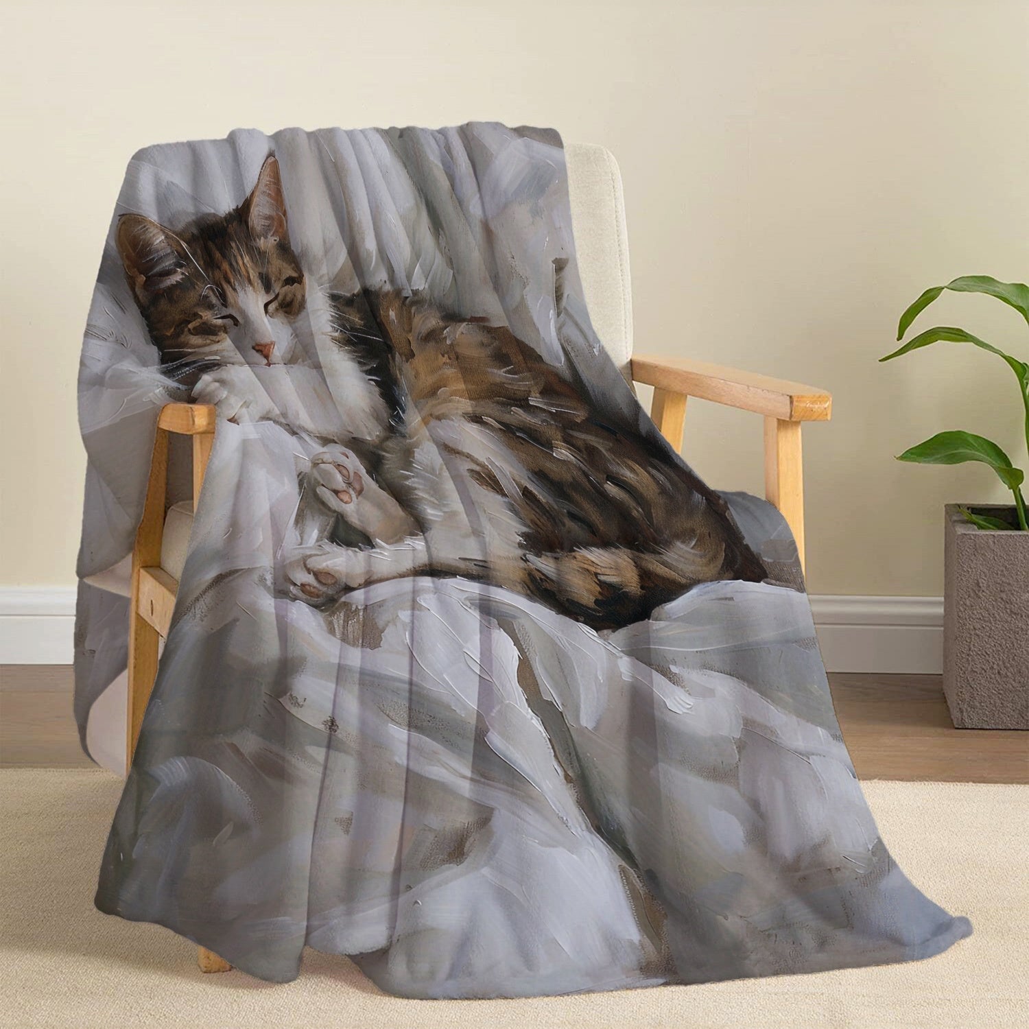 Contemporary Cat Print Flannel Blanket for Bed Sofa Travel Lightweight Polyester