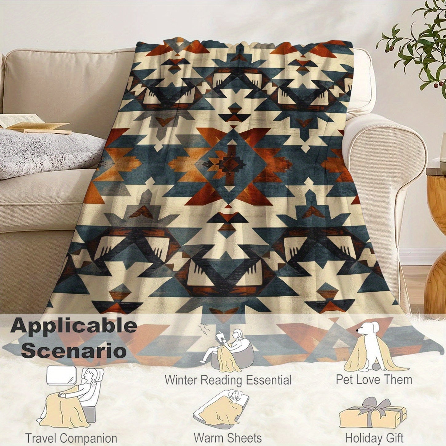 Cozy Aztec-Inspired Digital Print Flannel Blanket for Bed Sofa Travel Lightweight All-Season