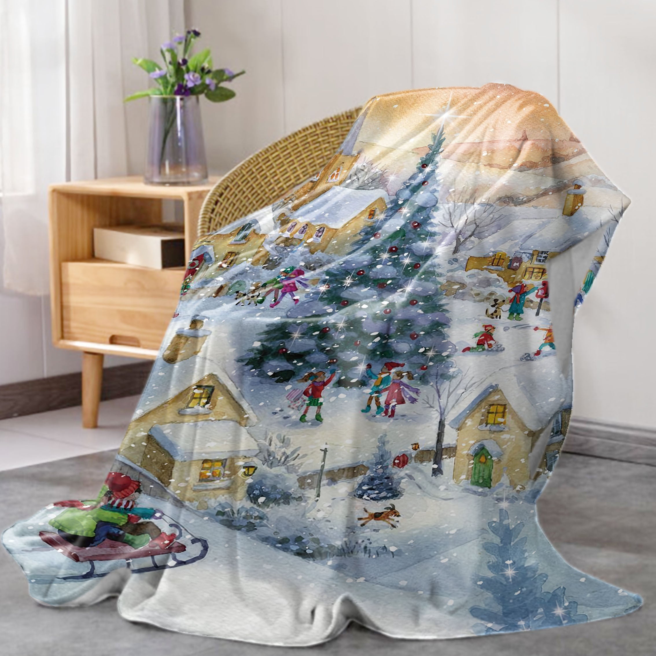 Christmas Themed Flannel Blanket Throw for Bed Sofa Camping Digital Print Polyester Fabric