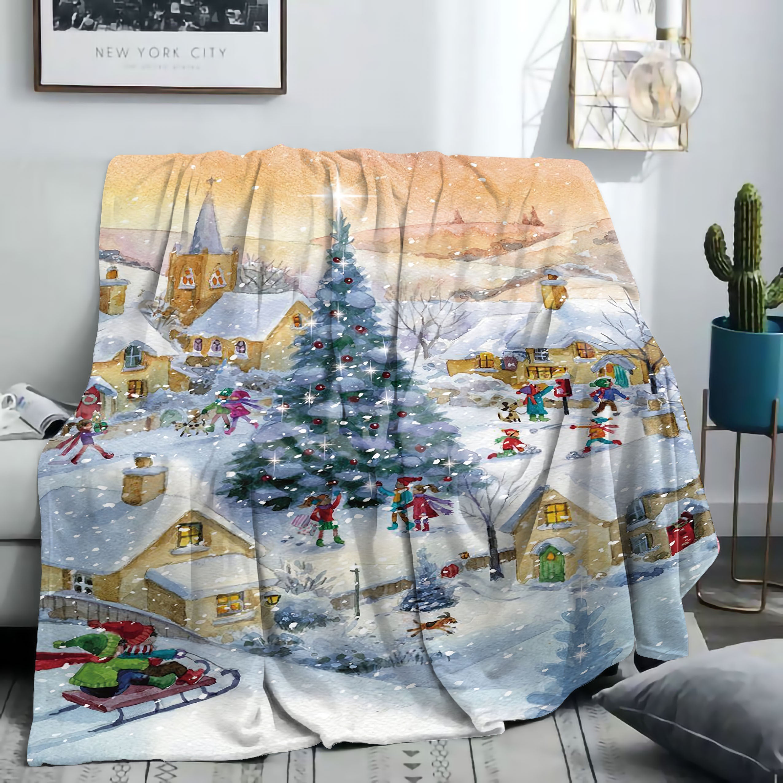 Christmas Themed Flannel Blanket Throw for Bed Sofa Camping Digital Print Polyester Fabric