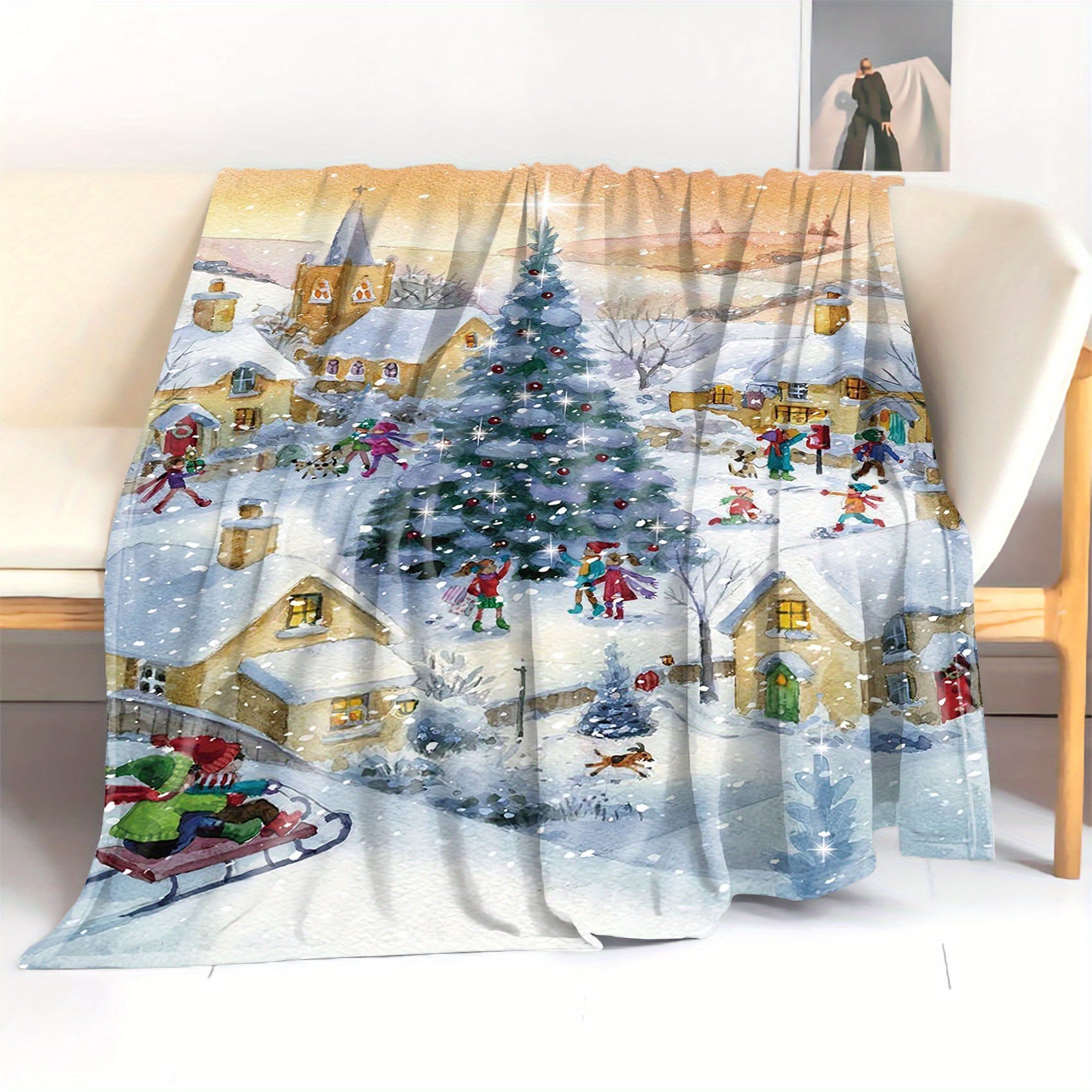 Christmas Themed Flannel Blanket Throw for Bed Sofa Camping Digital Print Polyester Fabric