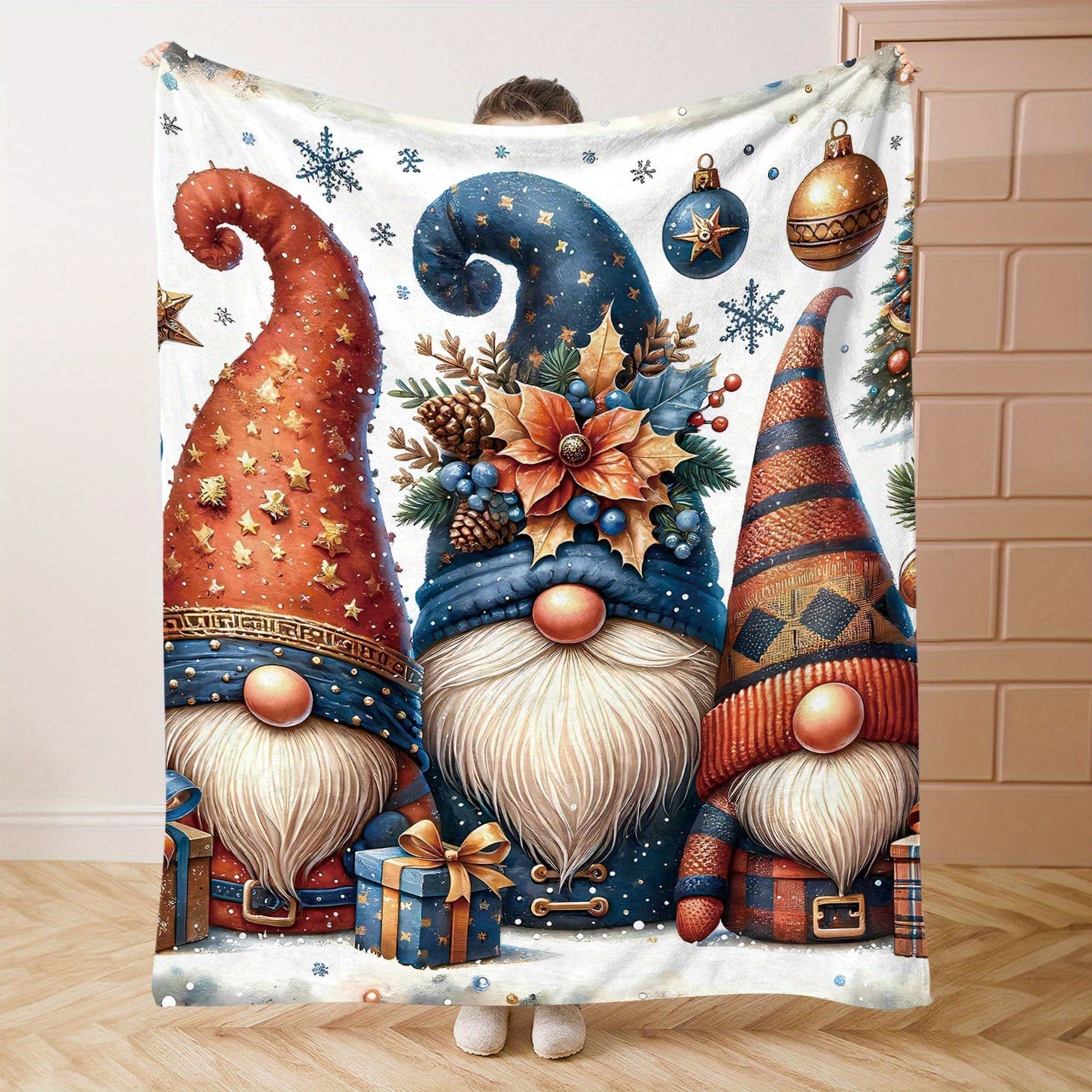 Christmas Gnomes Print Flannel Throw Blanket Soft Cozy Bed Sofa Decor