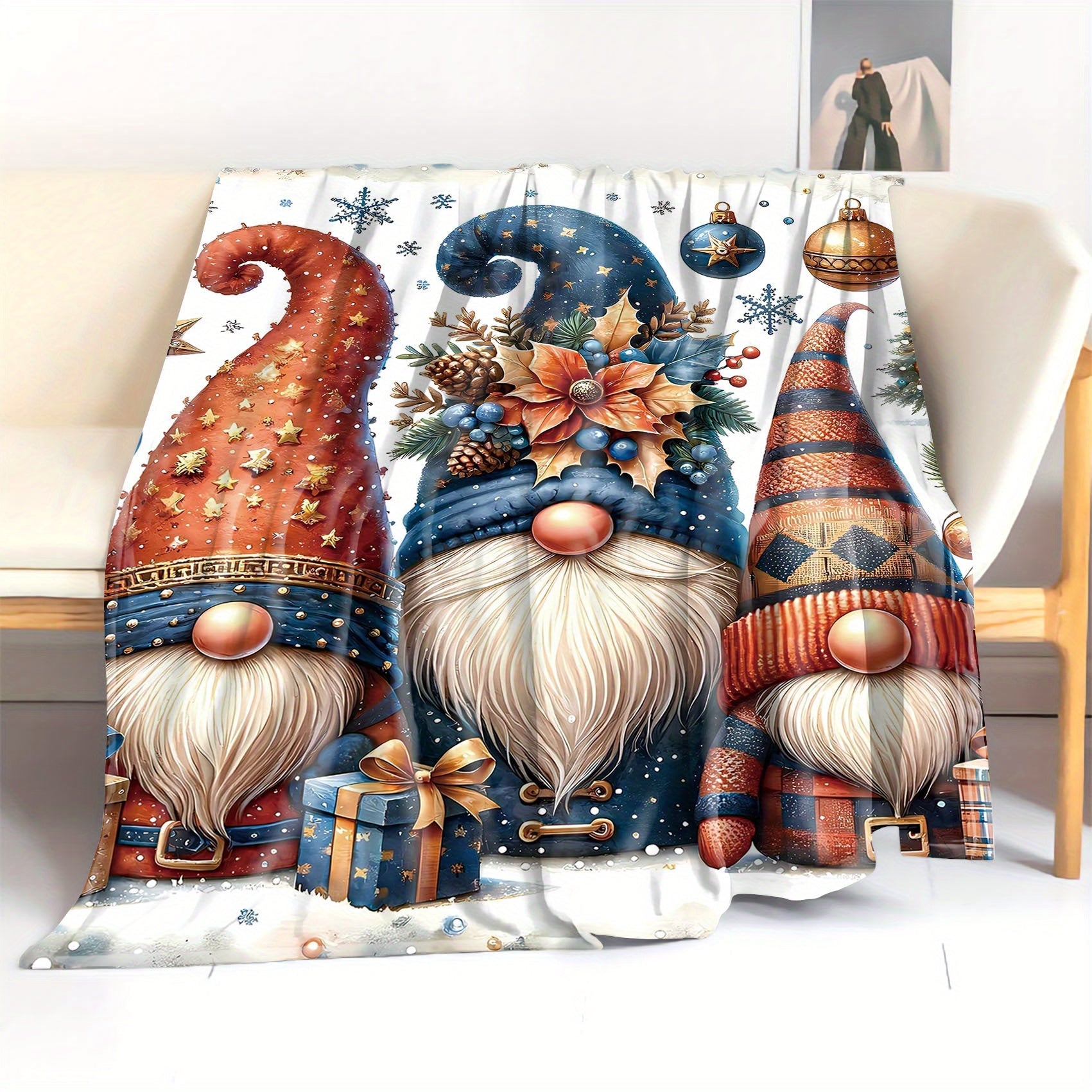 Christmas Gnomes Print Flannel Throw Blanket Soft Cozy Bed Sofa Decor