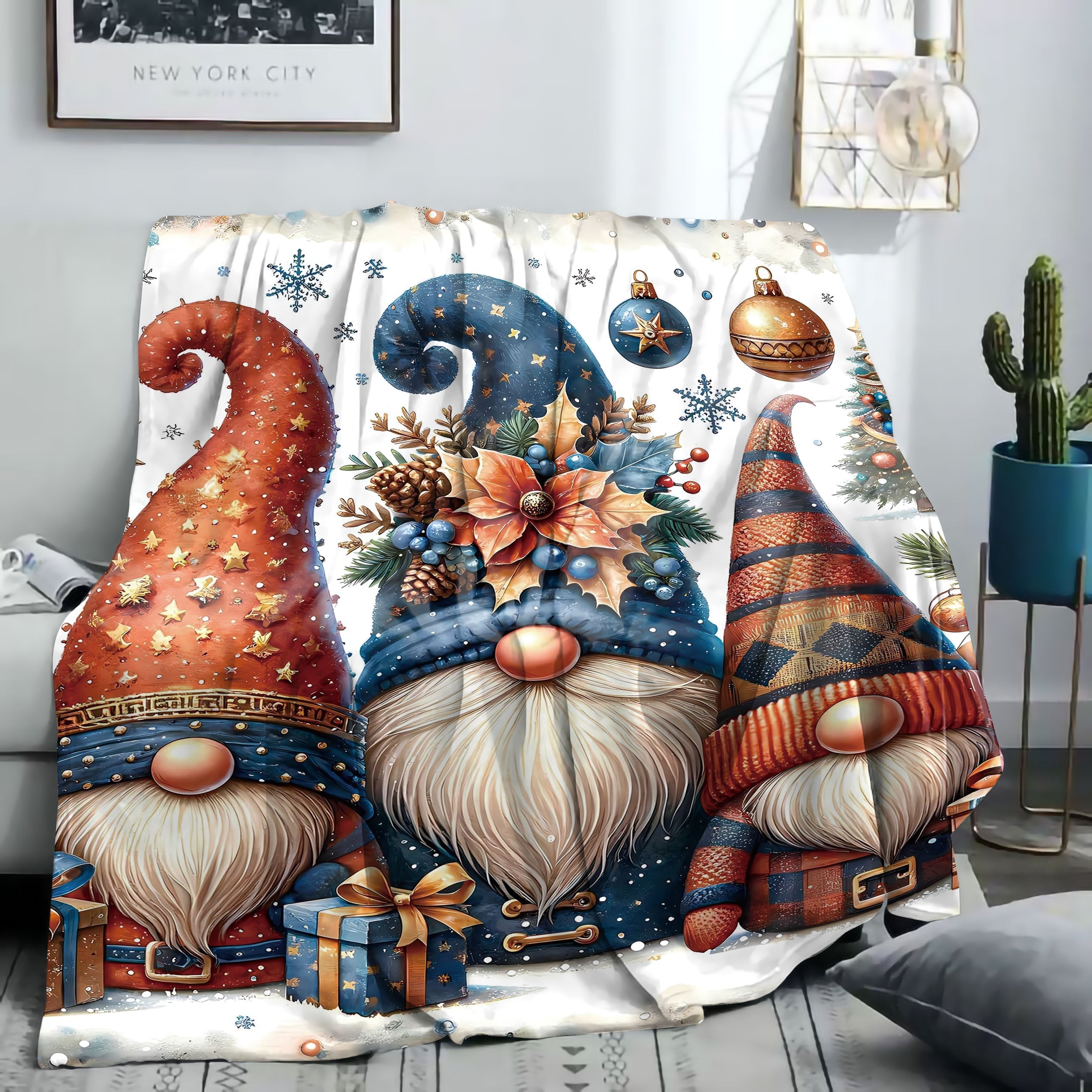 Christmas Gnomes Print Flannel Throw Blanket Soft Cozy Bed Sofa Decor