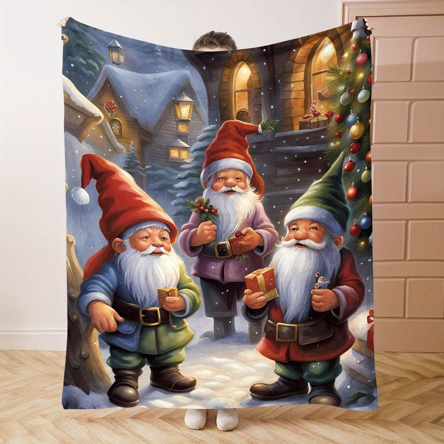 Mid-Century Christmas Dwarfs Flannel Throw Blanket Knitted Polyester Versatile for Bed Sofa Camping
