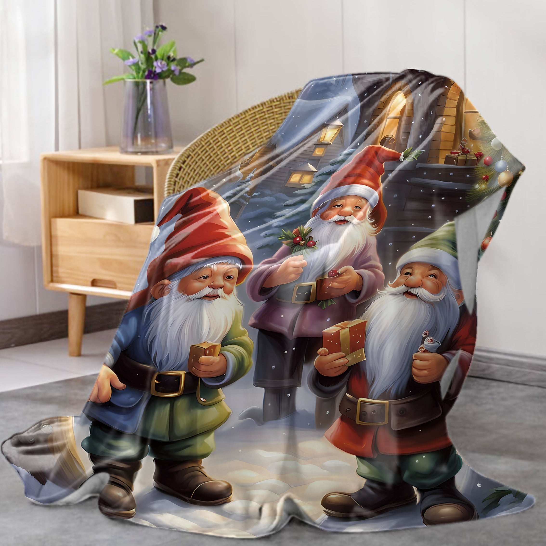 Mid-Century Christmas Dwarfs Flannel Throw Blanket Knitted Polyester Versatile for Bed Sofa Camping