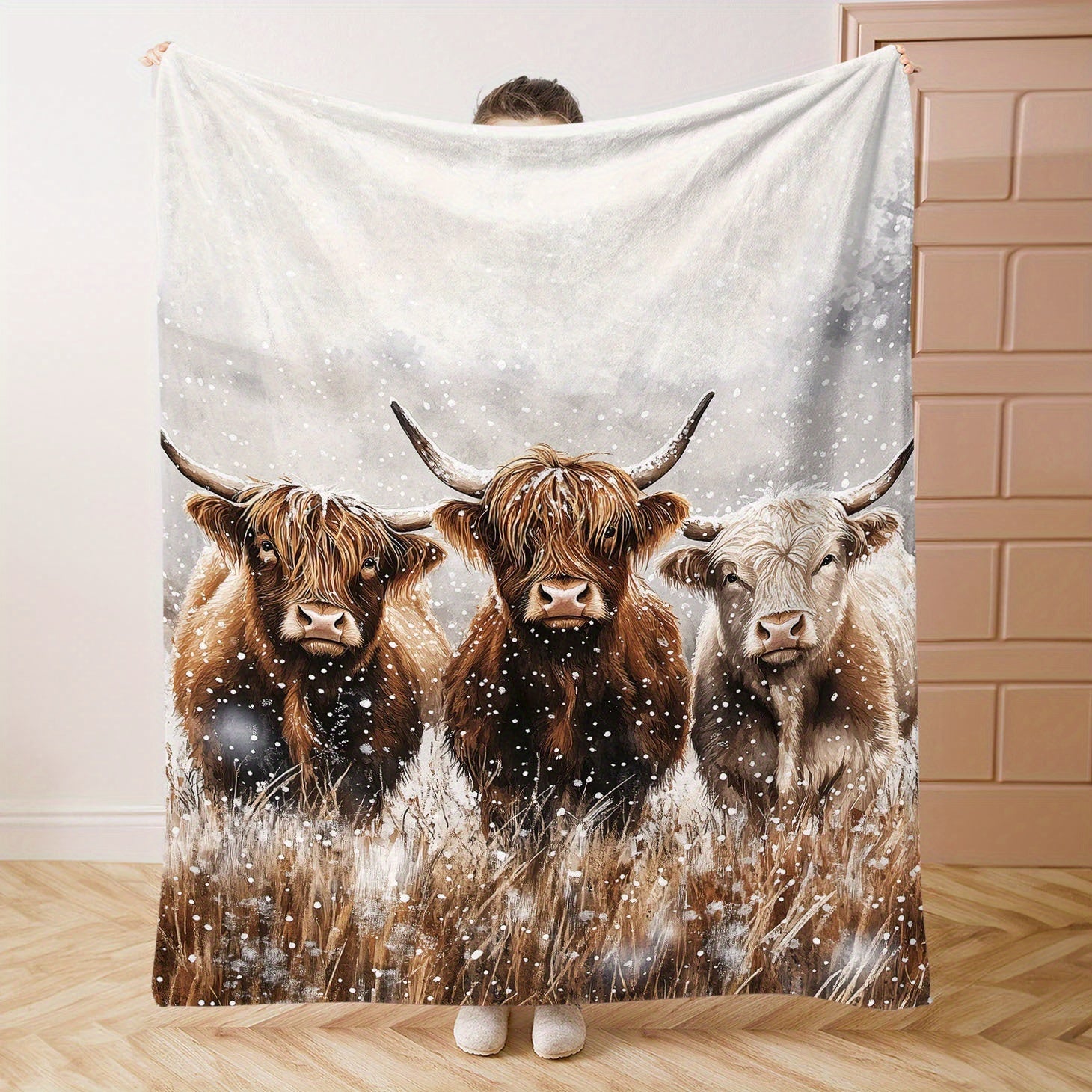 Highland Cows Print Flannel Throw Blanket Soft Polyester Knit Cozy All-Season Sofa Bed Cover Watercolor Animal Design Lightweight Warmth