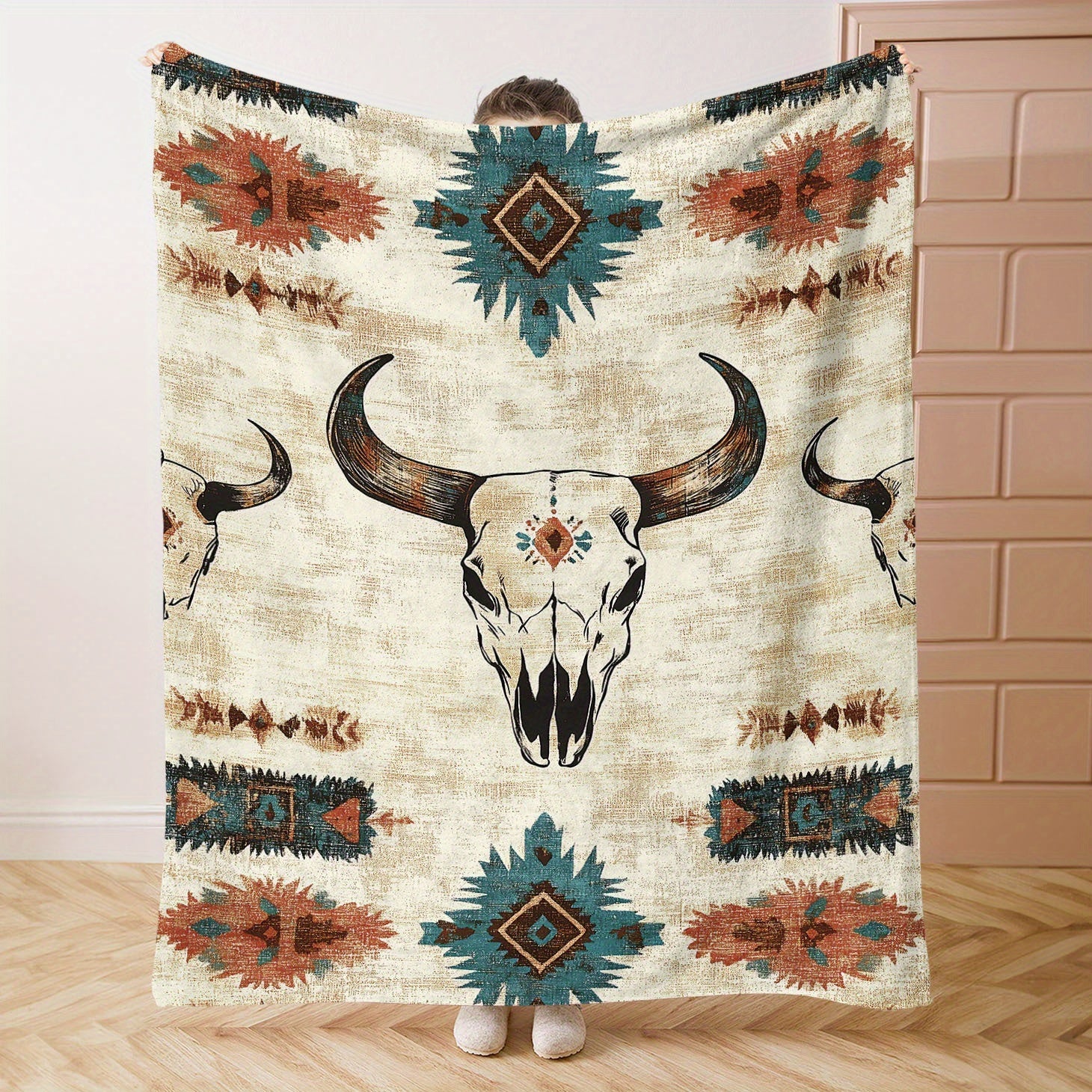 Knitted Polyester Throw Blanket with Cow Skull Print for Bed Sofa Camping All Seasons