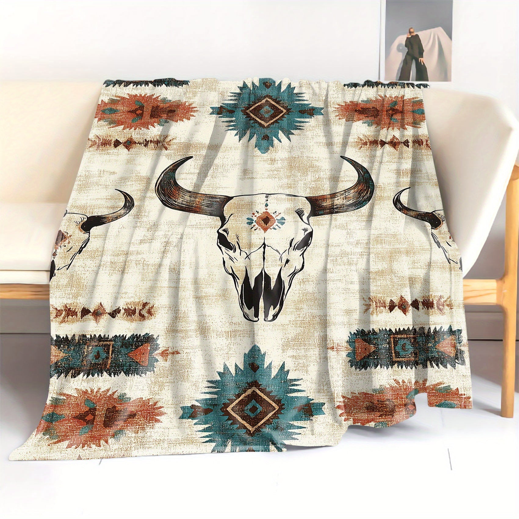 Knitted Polyester Throw Blanket with Cow Skull Print for Bed Sofa Camping All Seasons