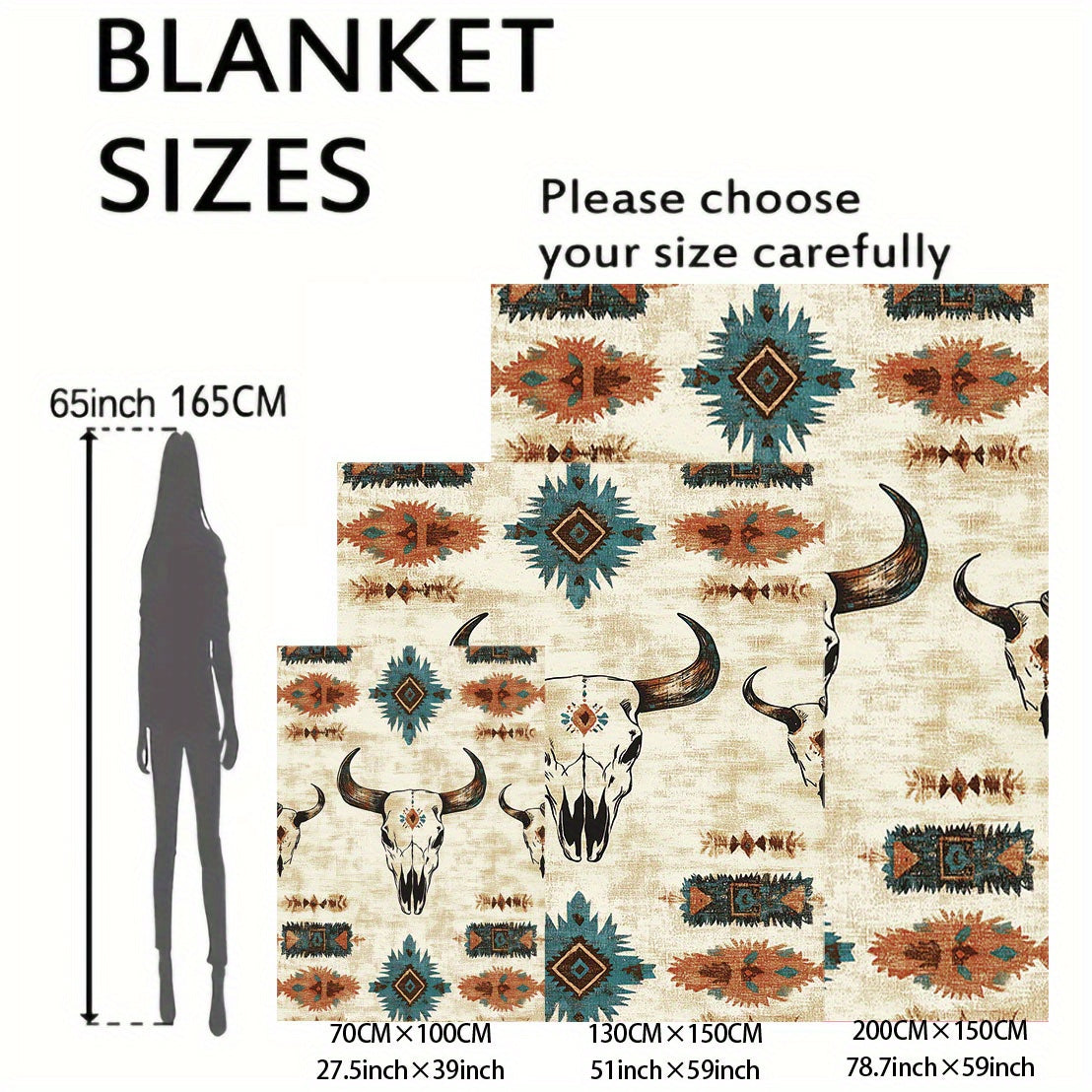 Knitted Polyester Throw Blanket with Cow Skull Print for Bed Sofa Camping All Seasons