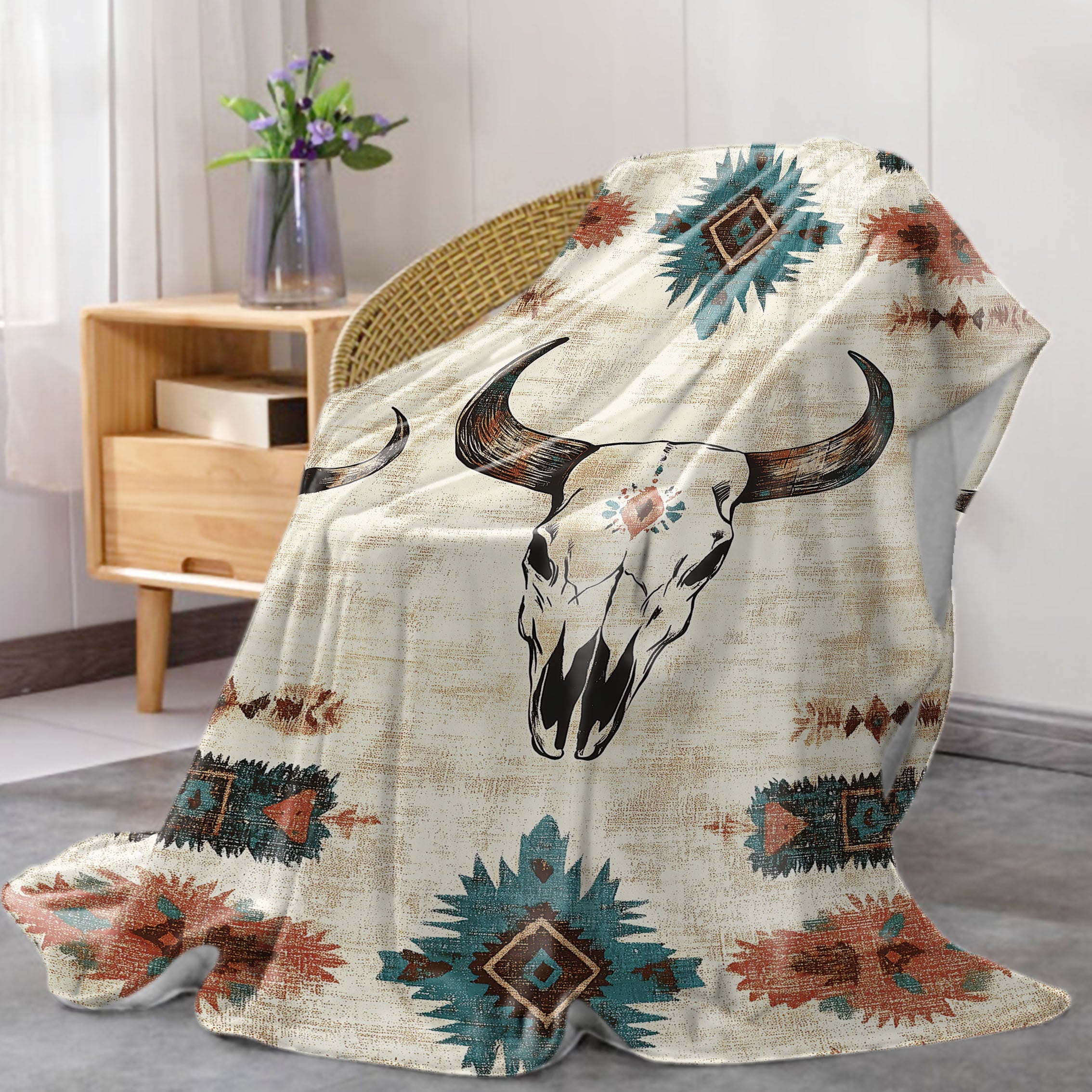Knitted Polyester Throw Blanket with Cow Skull Print for Bed Sofa Camping All Seasons