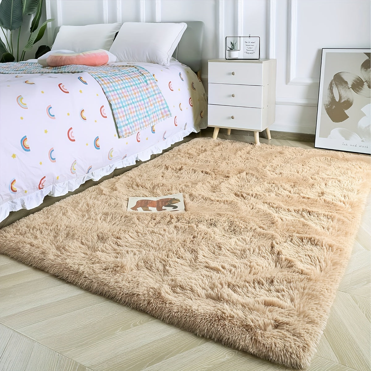 Plush Bedroom Bedside Mat Cream Beige Long-Haired Polyester Floor Rug