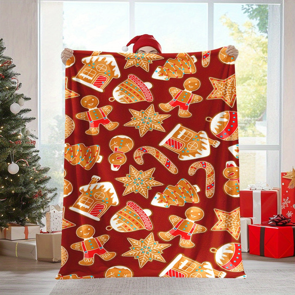 Christmas Fleece Blanket with Candy Cane and Gingerbread Pattern Soft Warm Holiday Decor