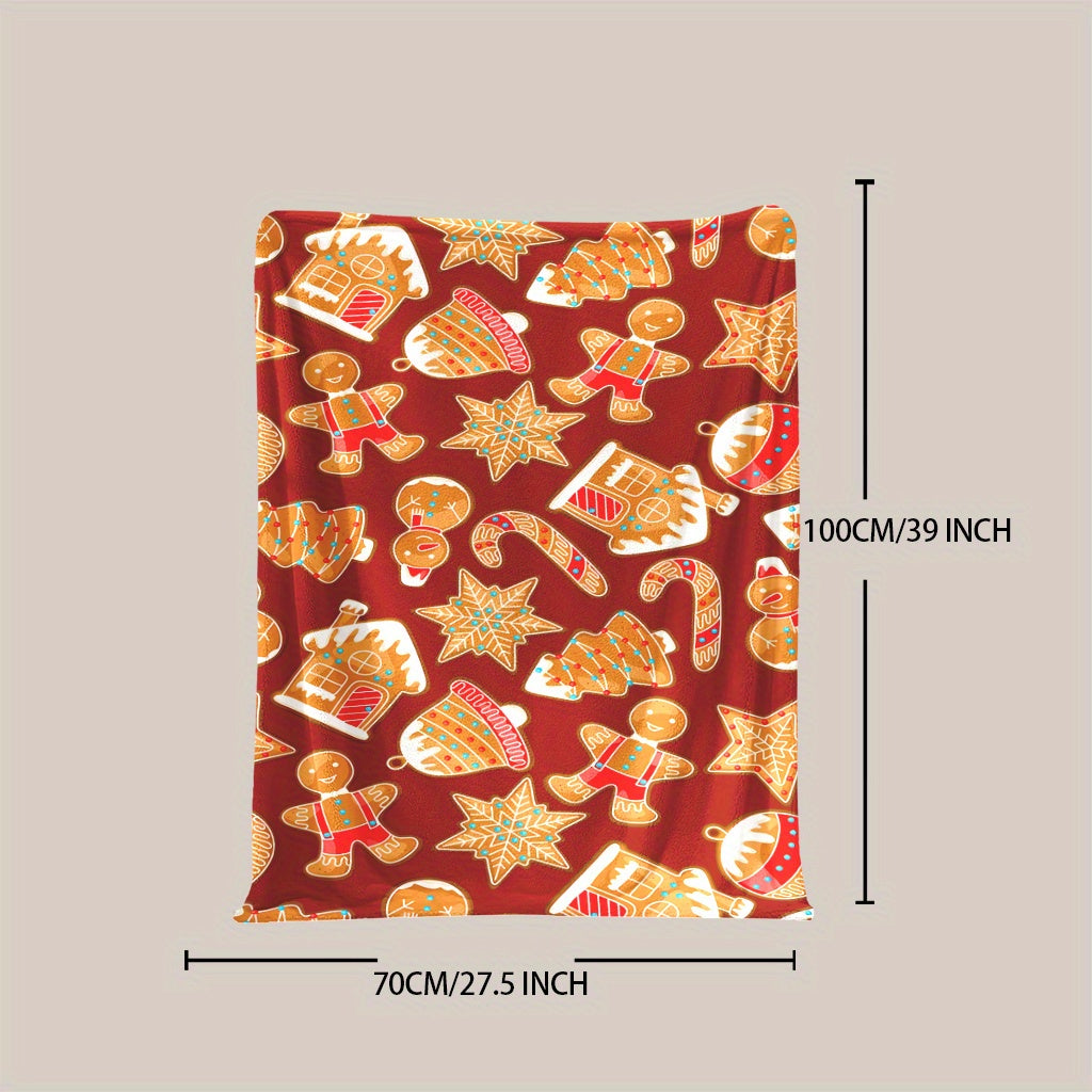 Christmas Fleece Blanket with Candy Cane and Gingerbread Pattern Soft Warm Holiday Decor