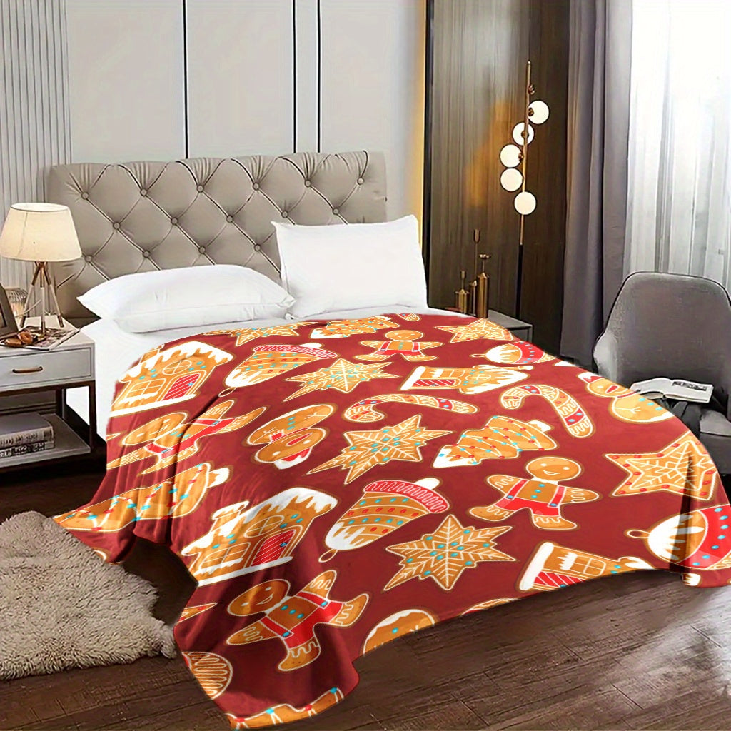 Christmas Fleece Blanket with Candy Cane and Gingerbread Pattern Soft Warm Holiday Decor