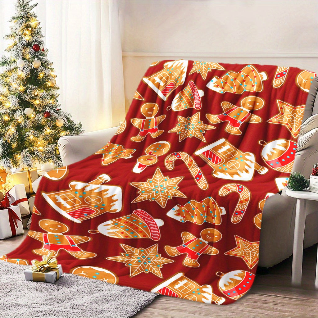Christmas Fleece Blanket with Candy Cane and Gingerbread Pattern Soft Warm Holiday Decor