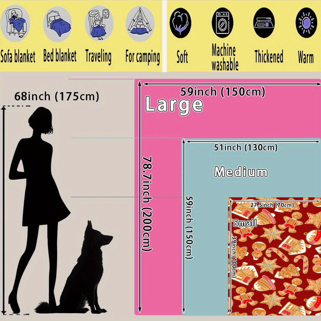 Christmas Fleece Blanket with Candy Cane and Gingerbread Pattern Soft Warm Holiday Decor