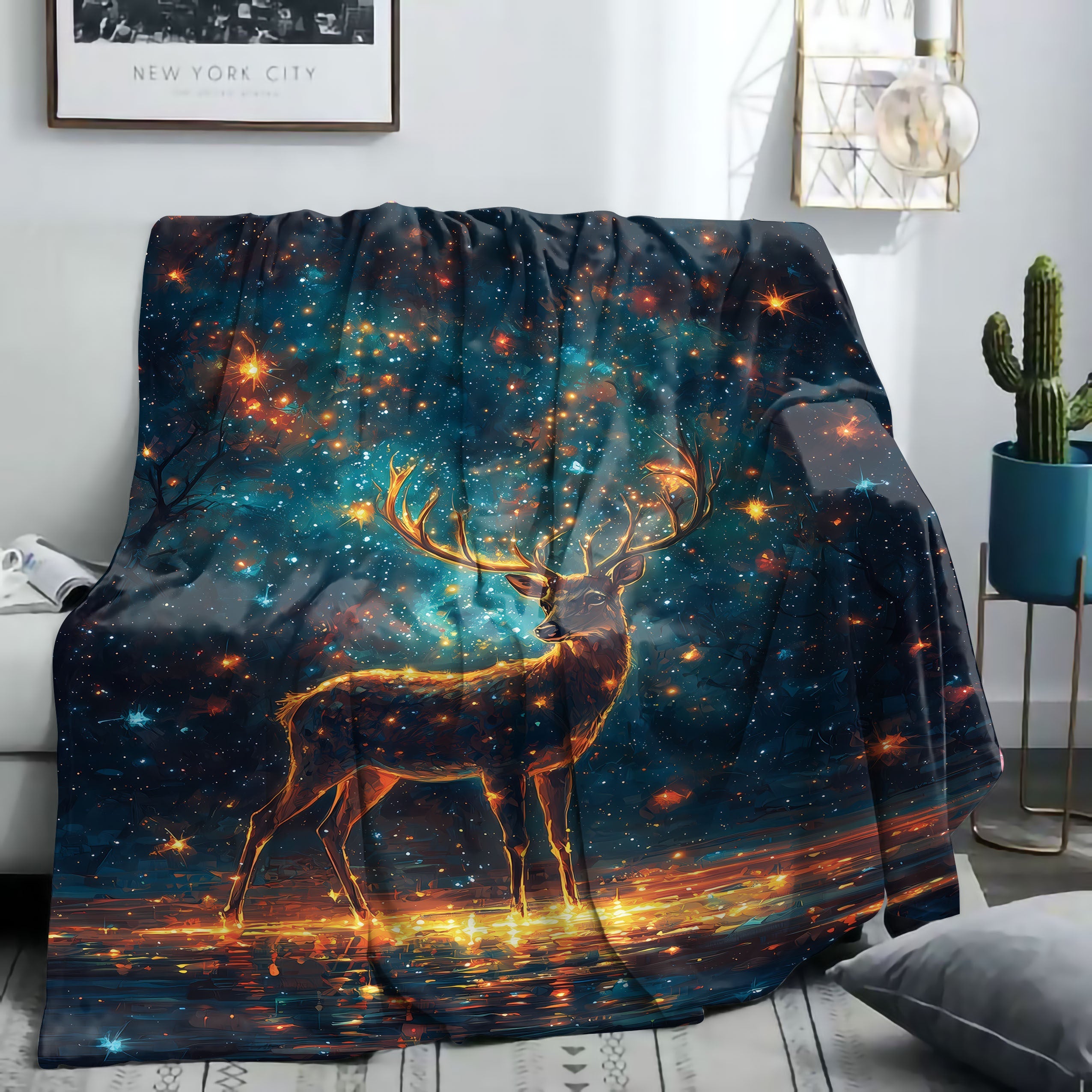 Starry Sky Deer Print Flannel Blanket All-Season Cozy Throw for Bed Sofa Camping
