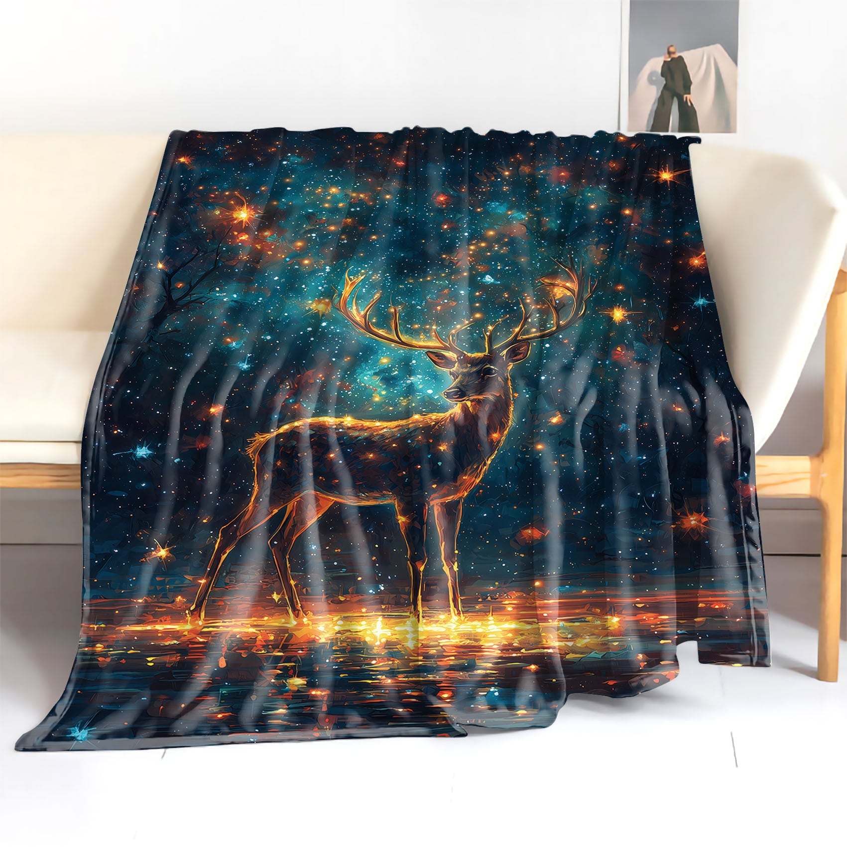 Starry Sky Deer Print Flannel Blanket All-Season Cozy Throw for Bed Sofa Camping