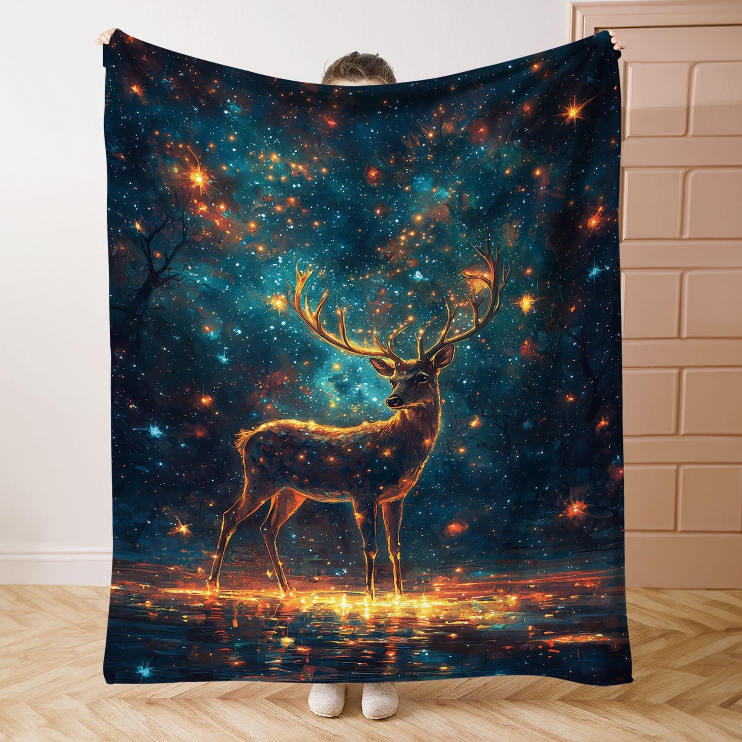Starry Sky Deer Print Flannel Blanket All-Season Cozy Throw for Bed Sofa Camping