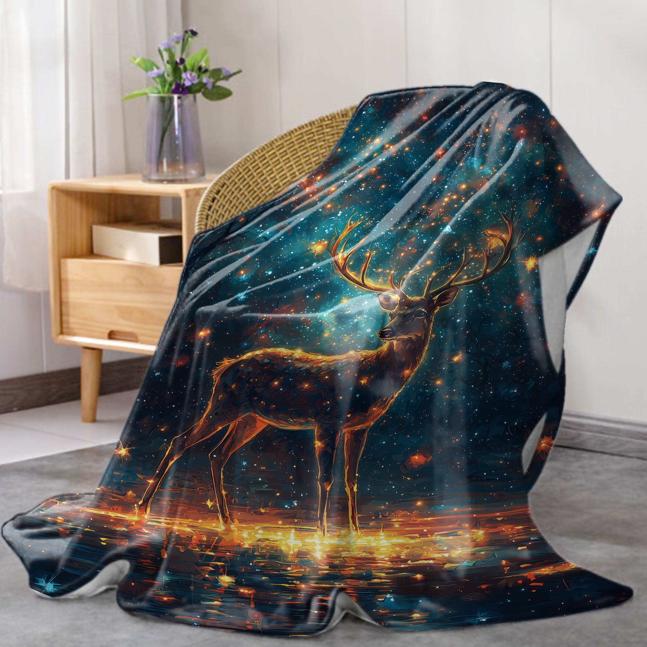 Starry Sky Deer Print Flannel Blanket All-Season Cozy Throw for Bed Sofa Camping