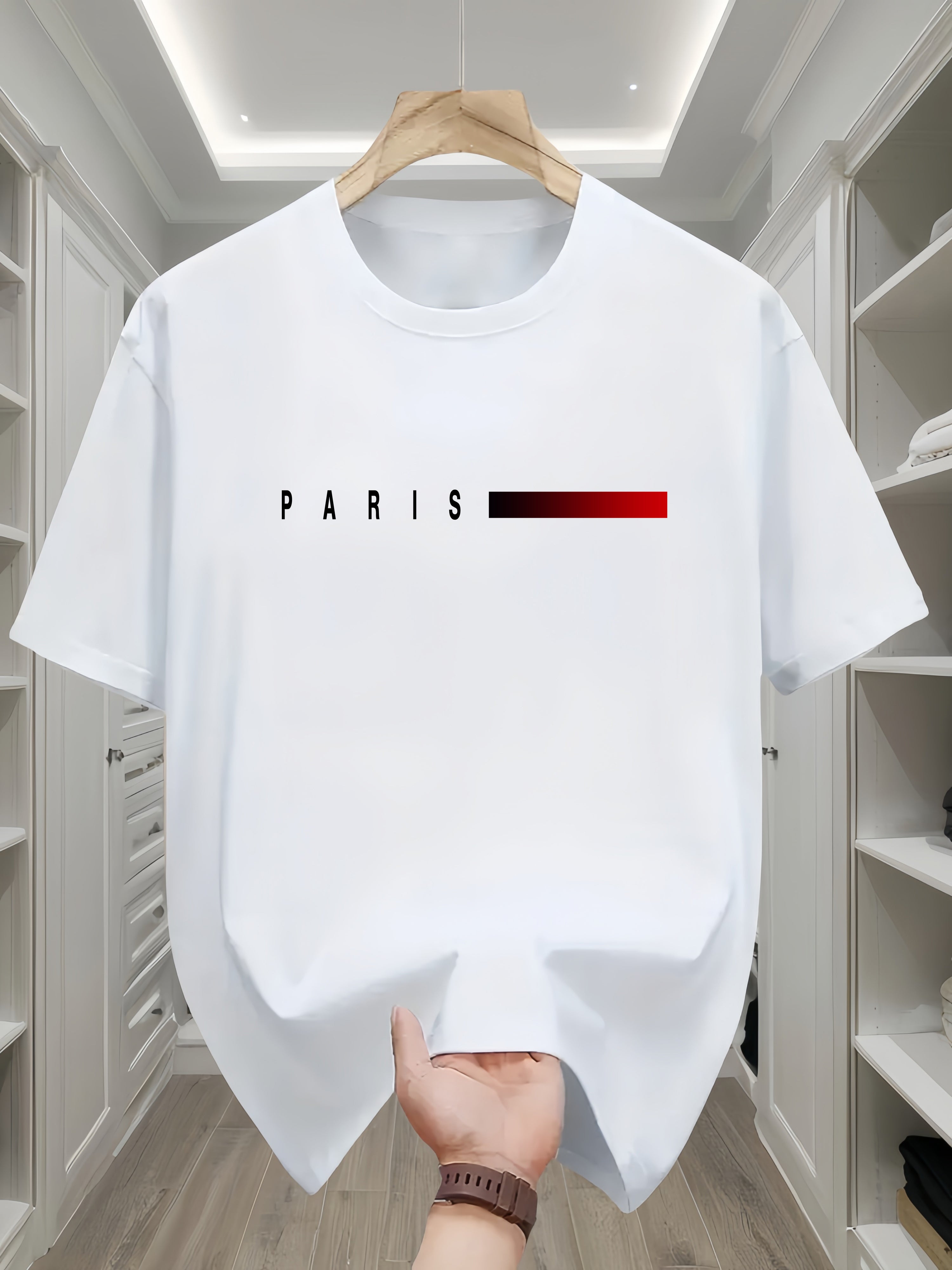 Men's Cotton T-Shirt with Paris Print and Geometric Pattern Crew Neck Short Sleeve Casual All-Season Teen Regular Fit