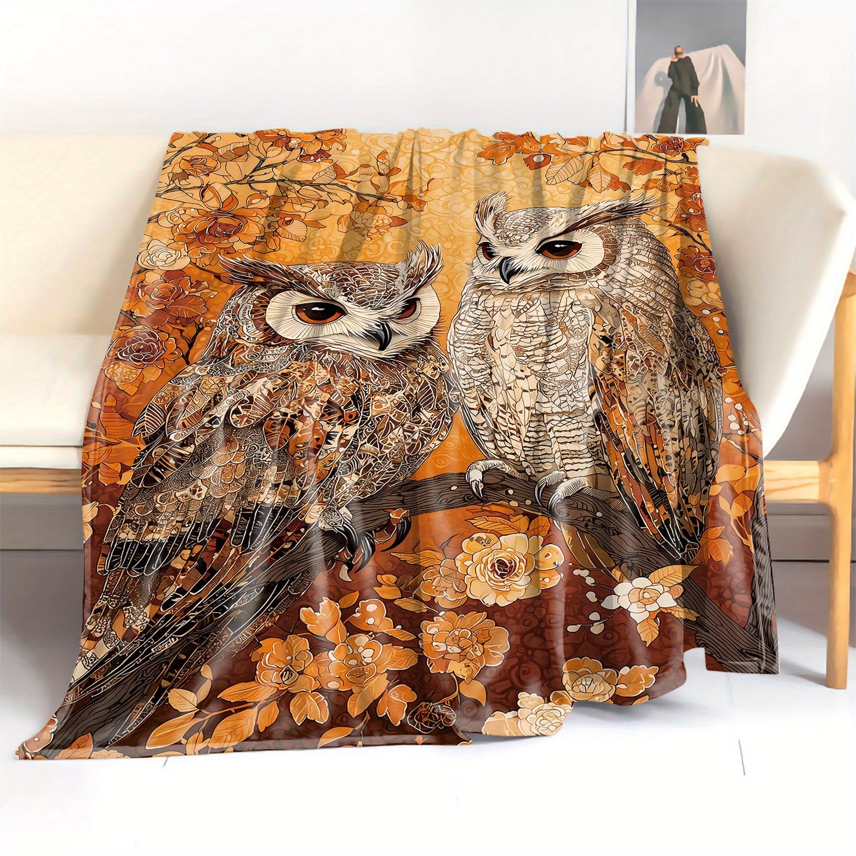 Flannel Blanket for Bed Sofa and Camping Floral Owls Animal Print Lightweight Polyester All-Season