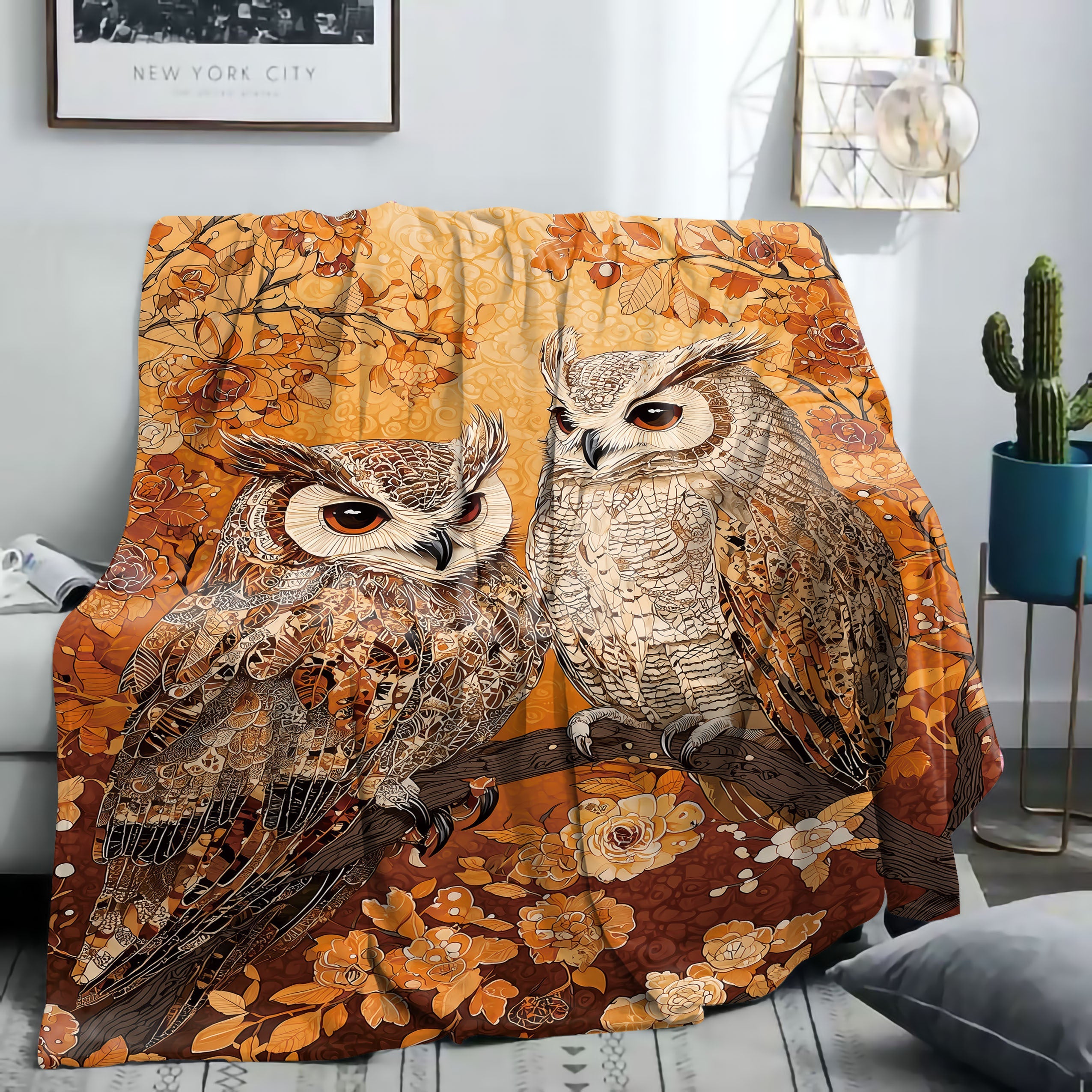 Flannel Blanket for Bed Sofa and Camping Floral Owls Animal Print Lightweight Polyester All-Season