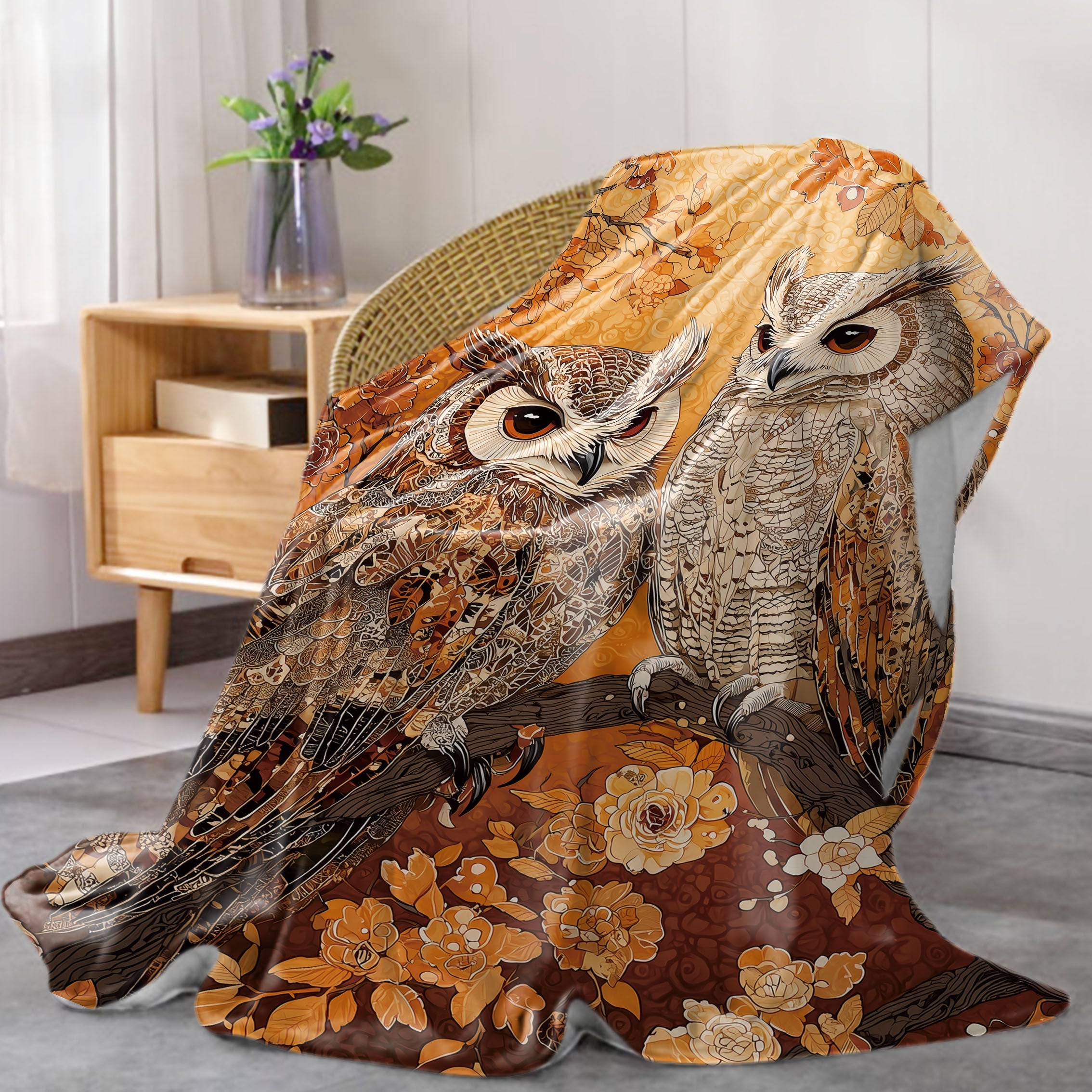 Flannel Blanket for Bed Sofa and Camping Floral Owls Animal Print Lightweight Polyester All-Season