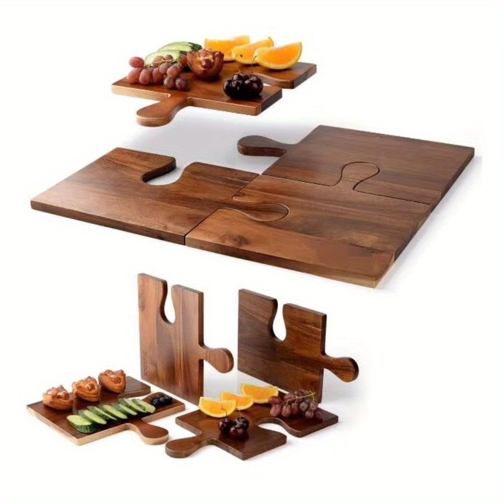 Set of 4 Acacia Wood Charcuterie Boards with Puzzle Handles for Cheese and Deli