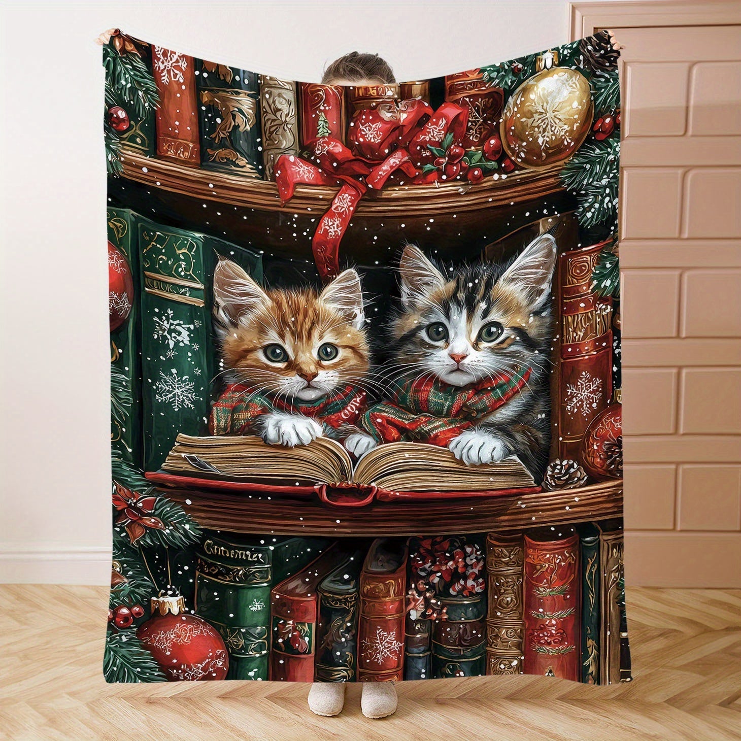 Mid-Century Style Flannel Throw Blanket with Christmas Kittens Reading on Shelf All-Season Soft Knit 200-250g