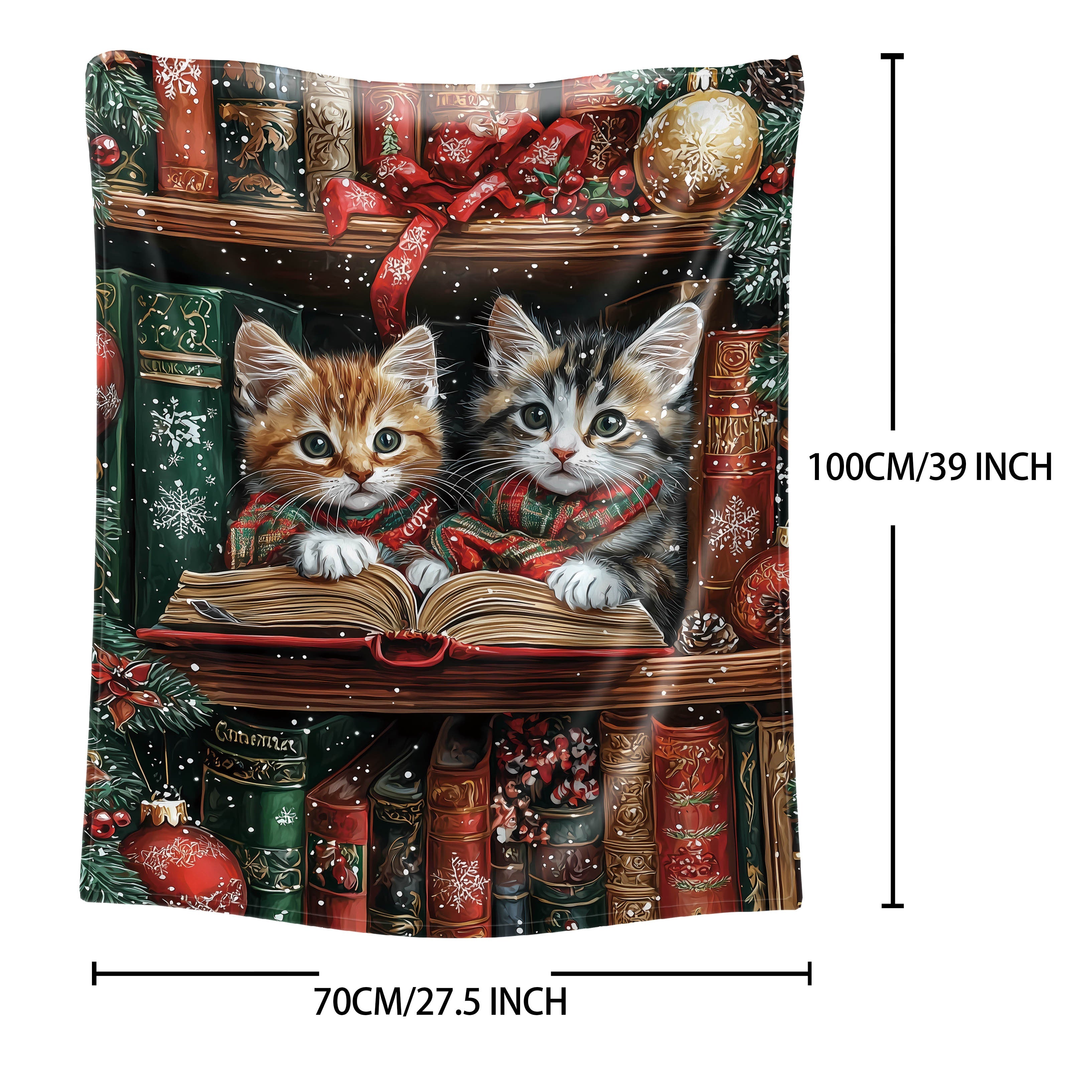 Mid-Century Style Flannel Throw Blanket with Christmas Kittens Reading on Shelf All-Season Soft Knit 200-250g