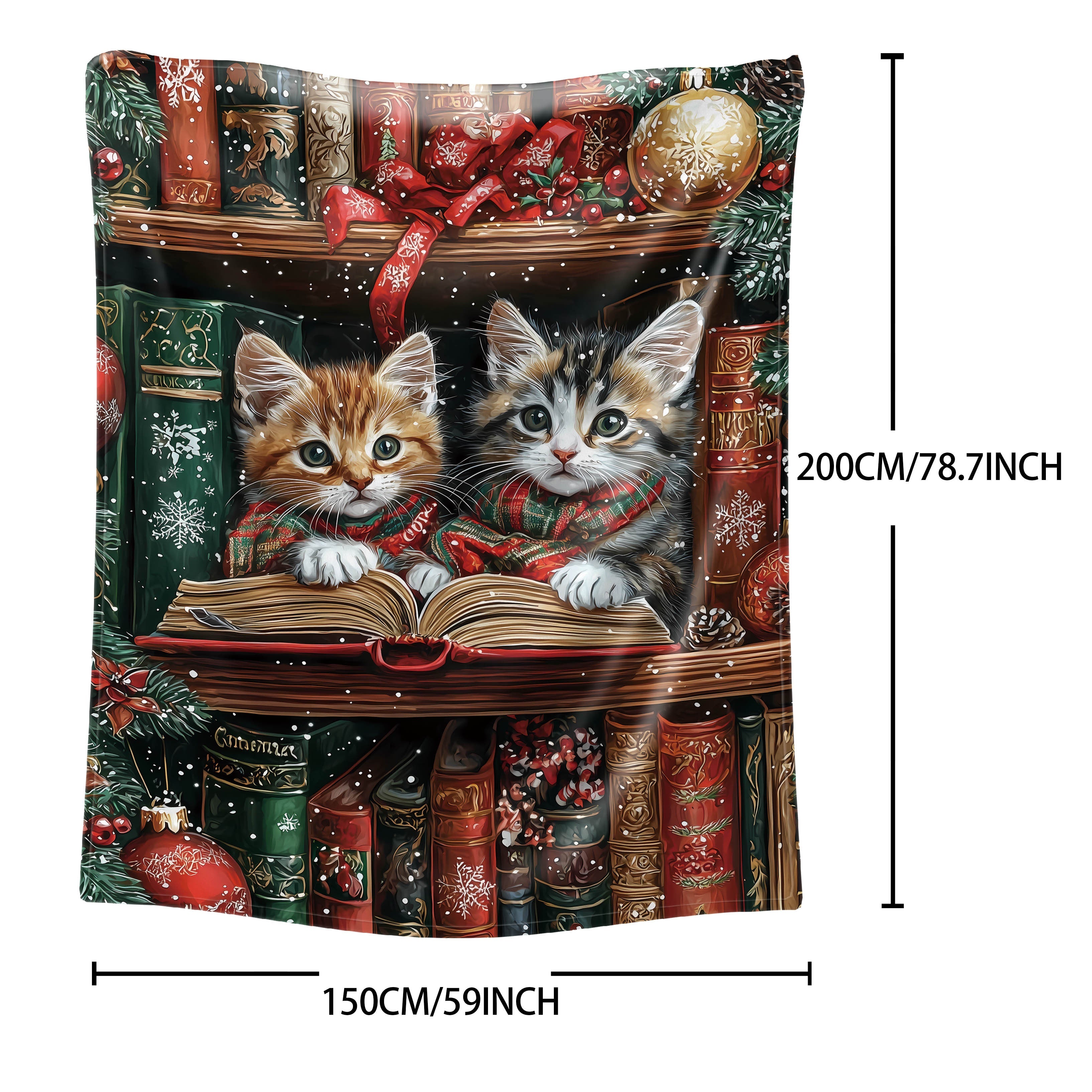 Mid-Century Style Flannel Throw Blanket with Christmas Kittens Reading on Shelf All-Season Soft Knit 200-250g